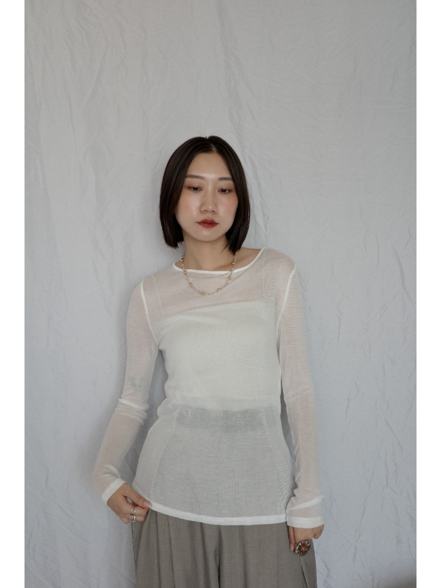 JP｜透感薄紗垂墜上衣/白