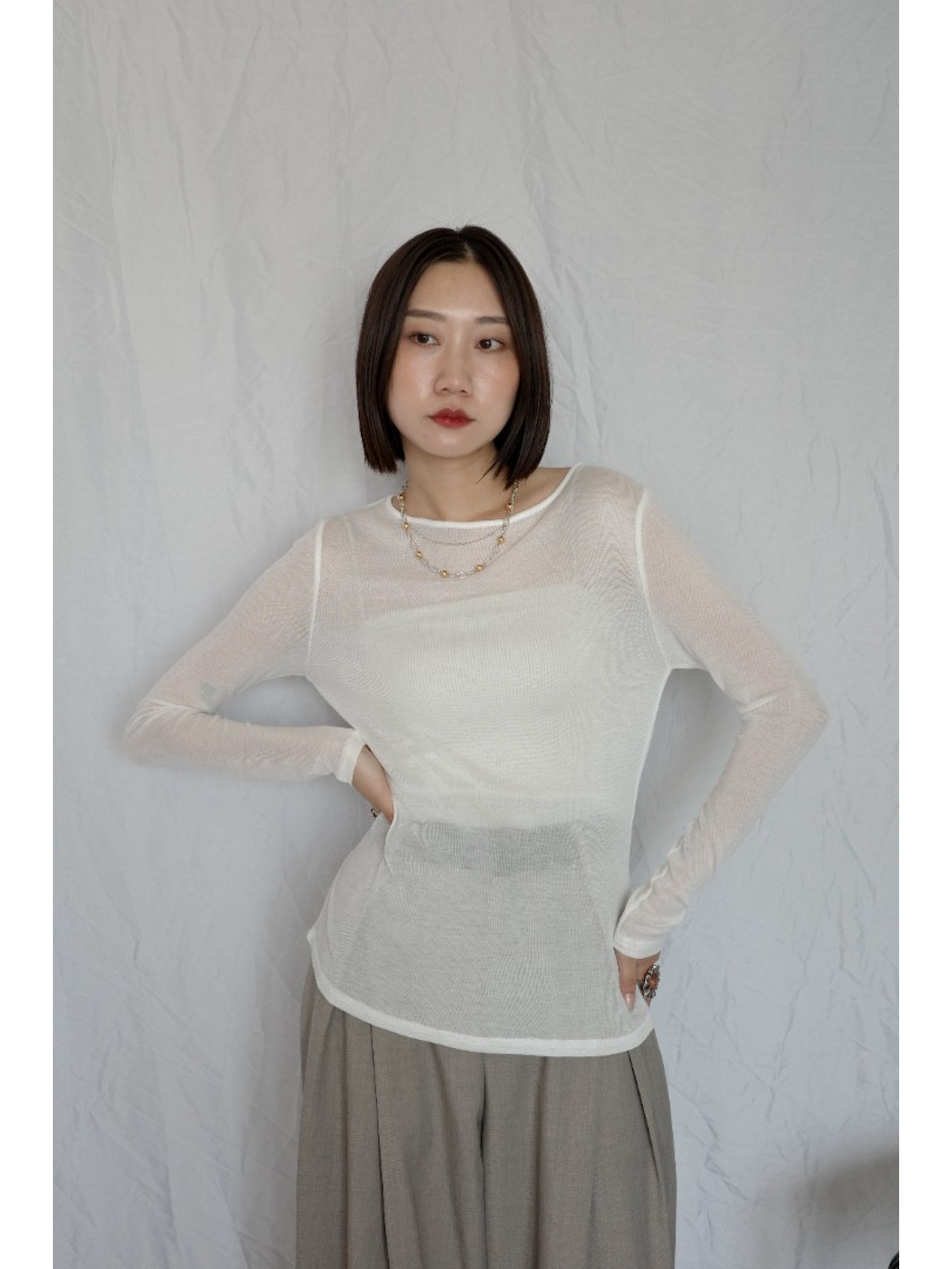 JP｜透感薄紗垂墜上衣/白