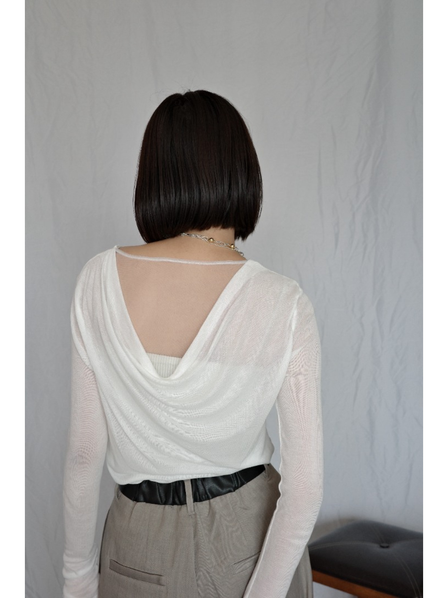 JP｜透感薄紗垂墜上衣/白