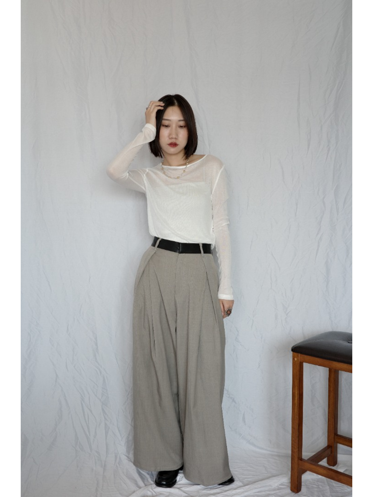 JP｜透感薄紗垂墜上衣/白