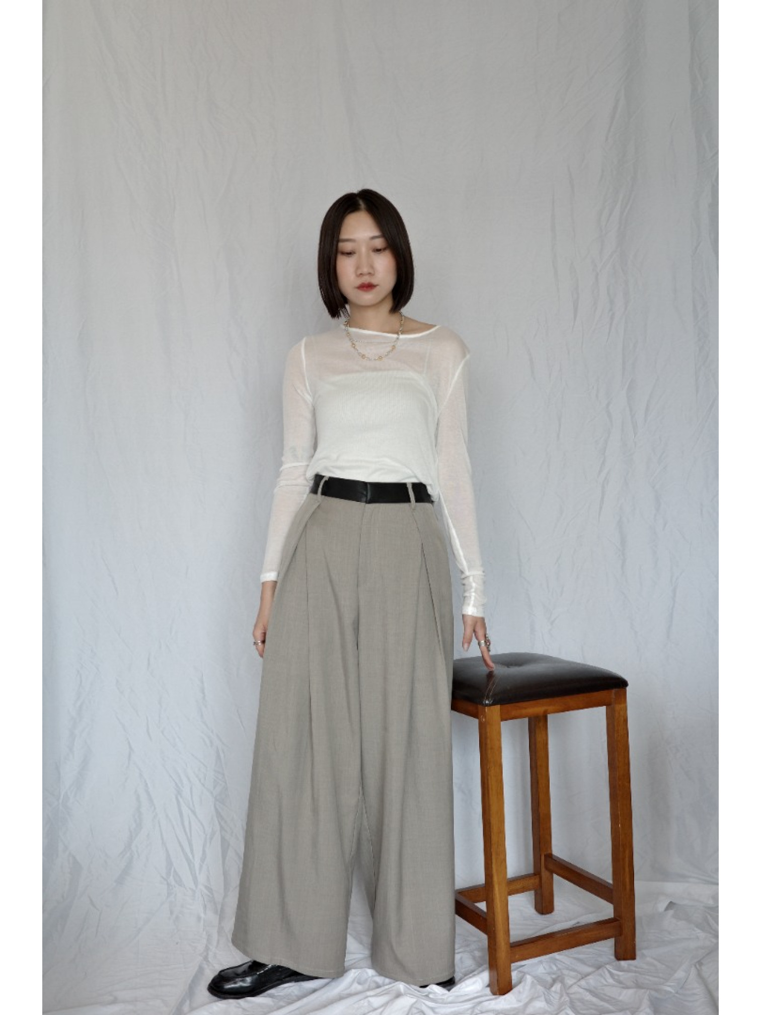 JP｜透感薄紗垂墜上衣/白