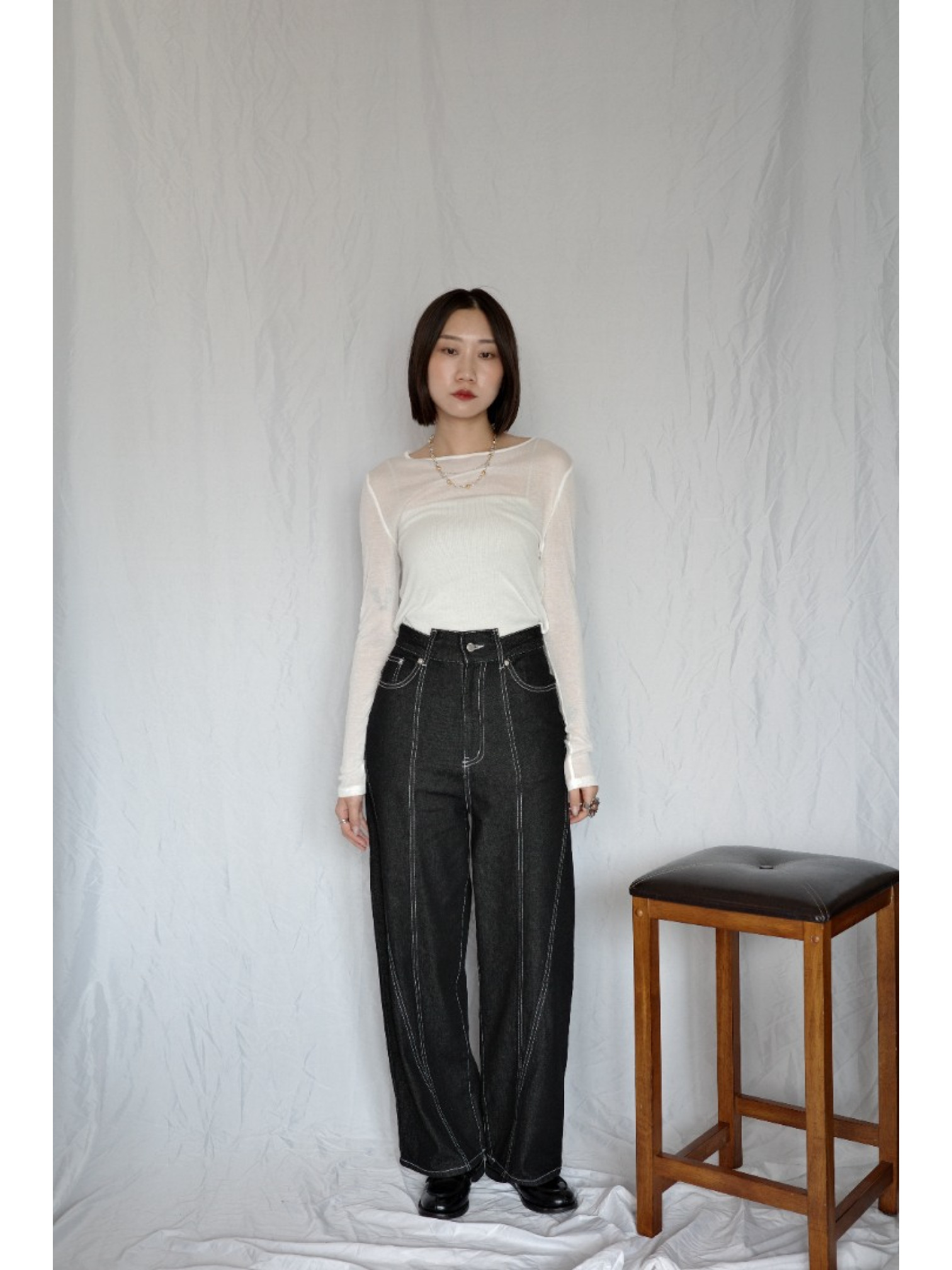 JP｜透感薄紗垂墜上衣/白