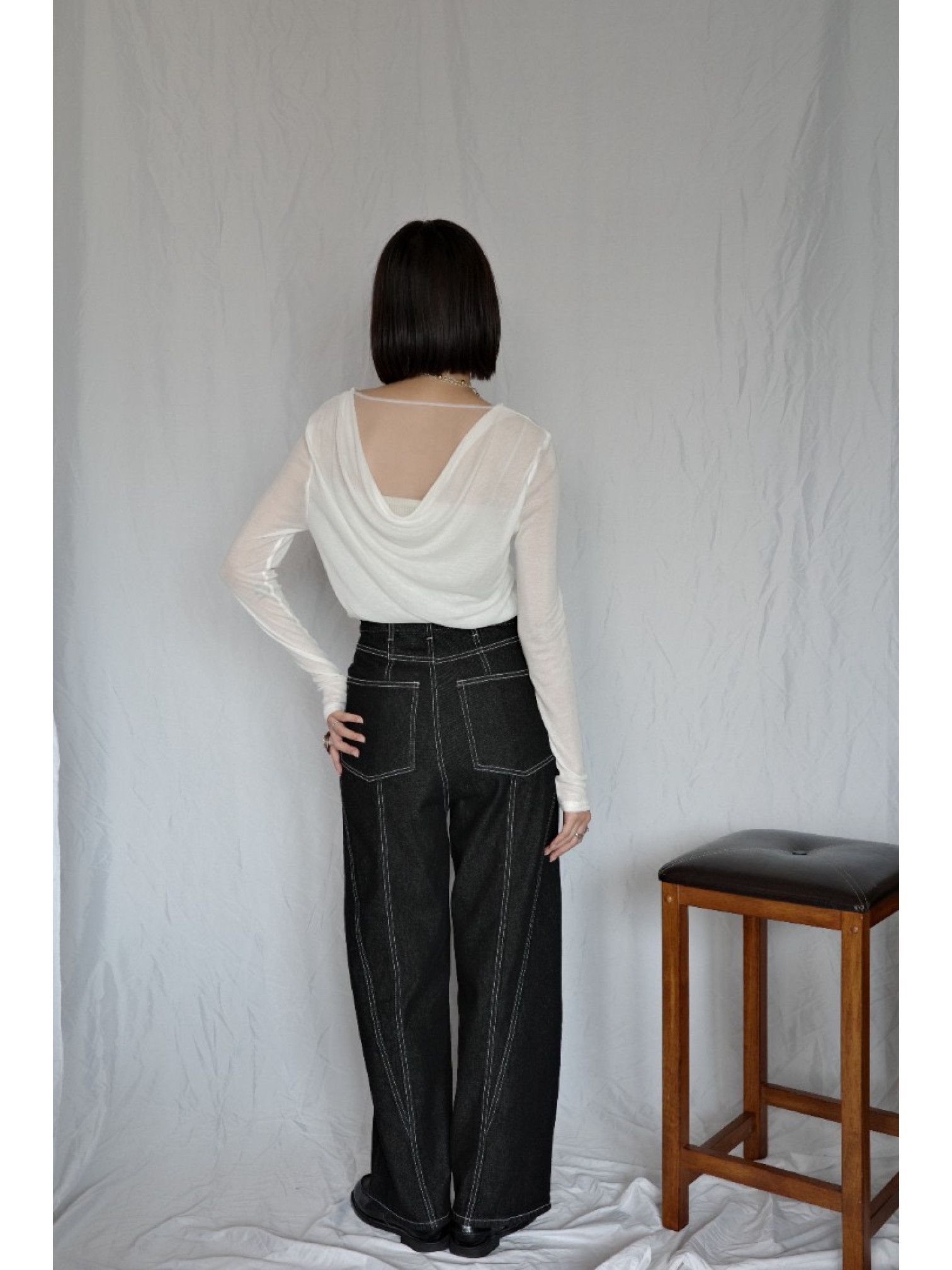 JP｜透感薄紗垂墜上衣/白