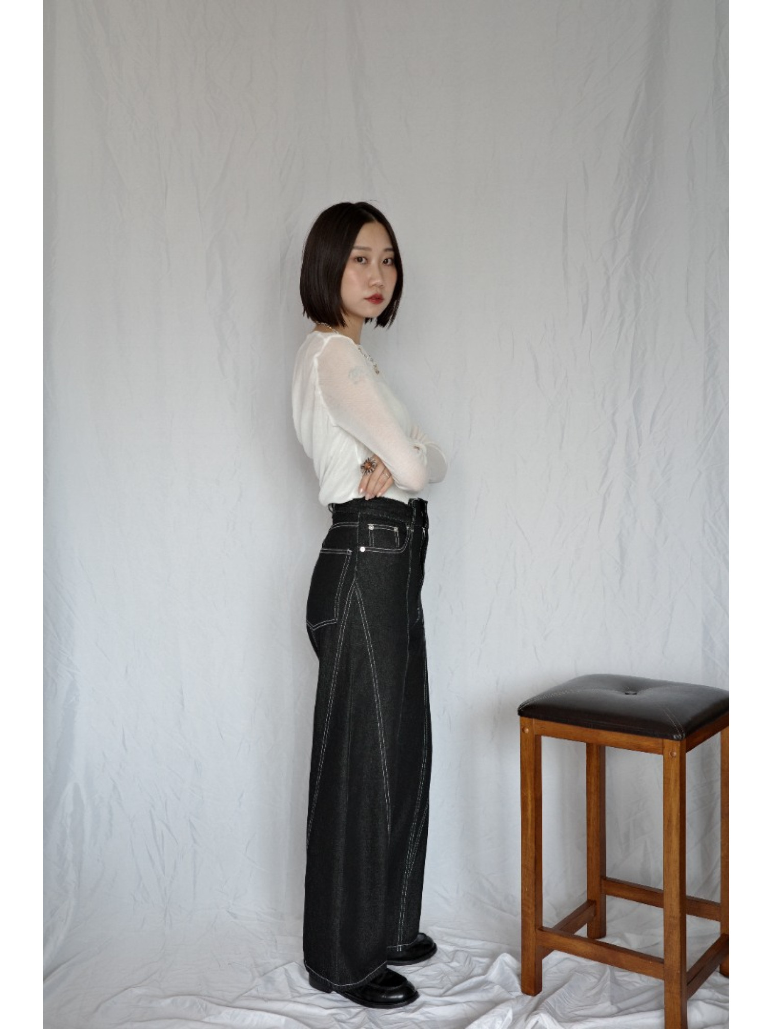 JP｜透感薄紗垂墜上衣/白