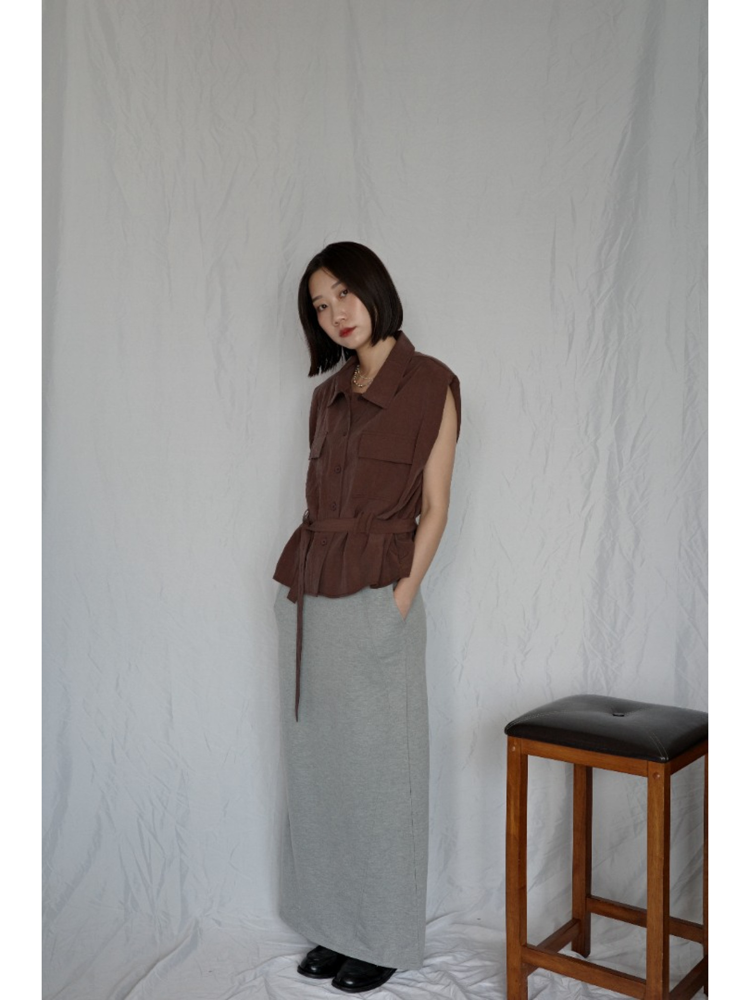 JP｜法式簡約墊肩背心/棕