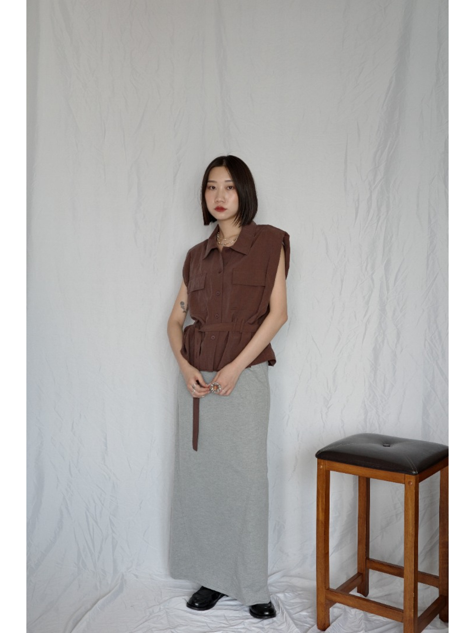 JP｜法式簡約墊肩背心/棕