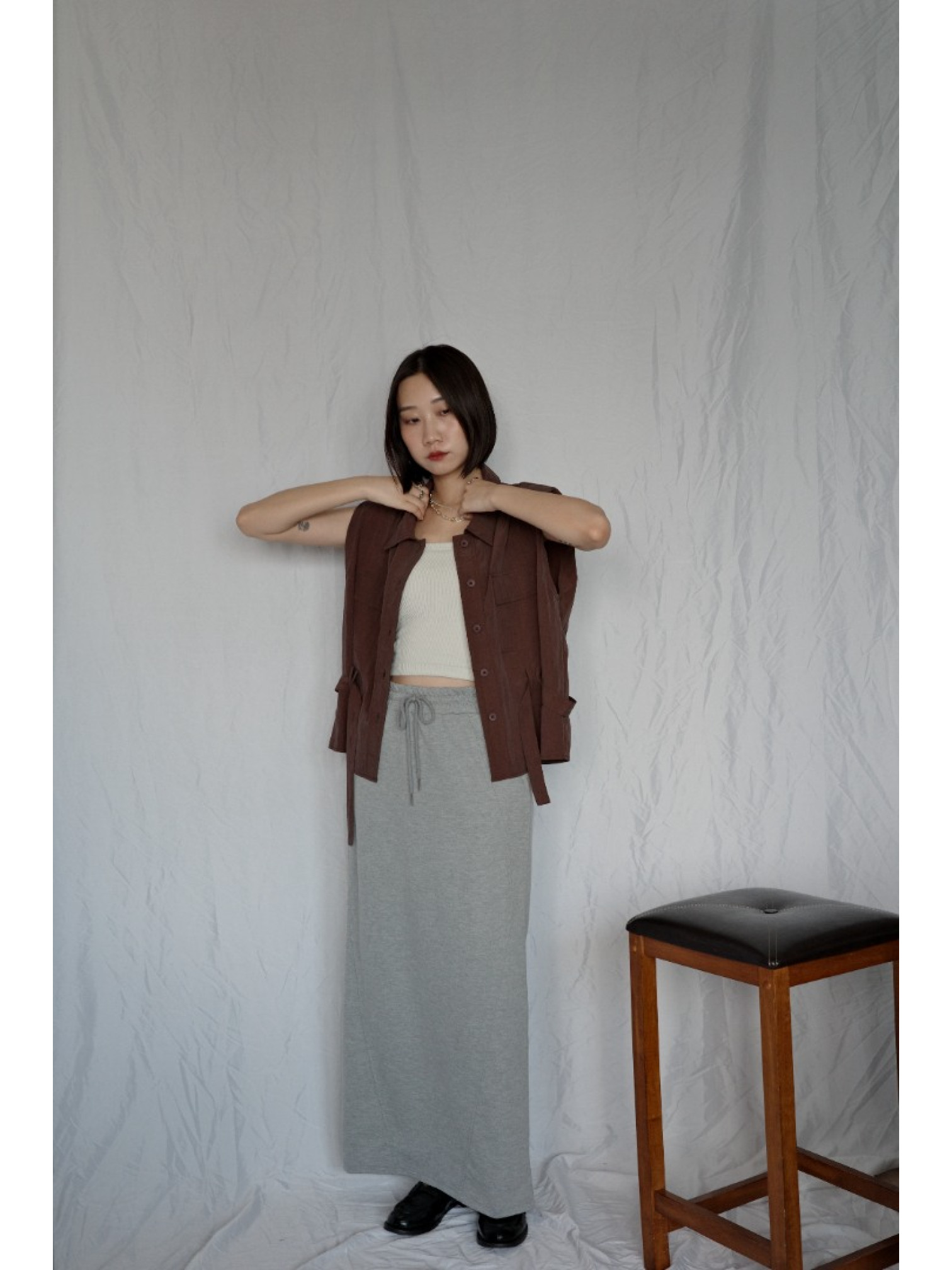 JP｜法式簡約墊肩背心/棕