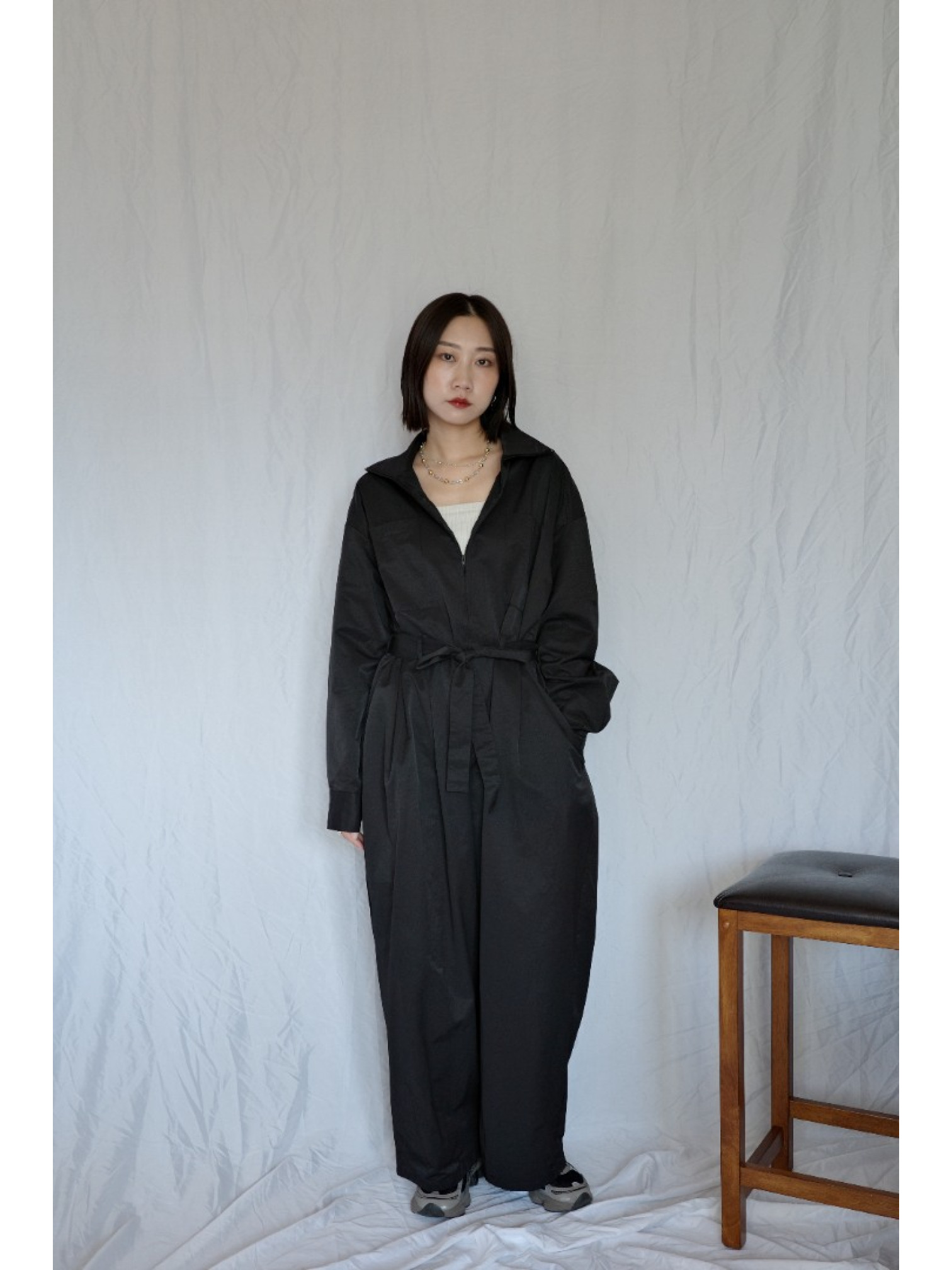 JP｜率性工裝感連身褲/黑