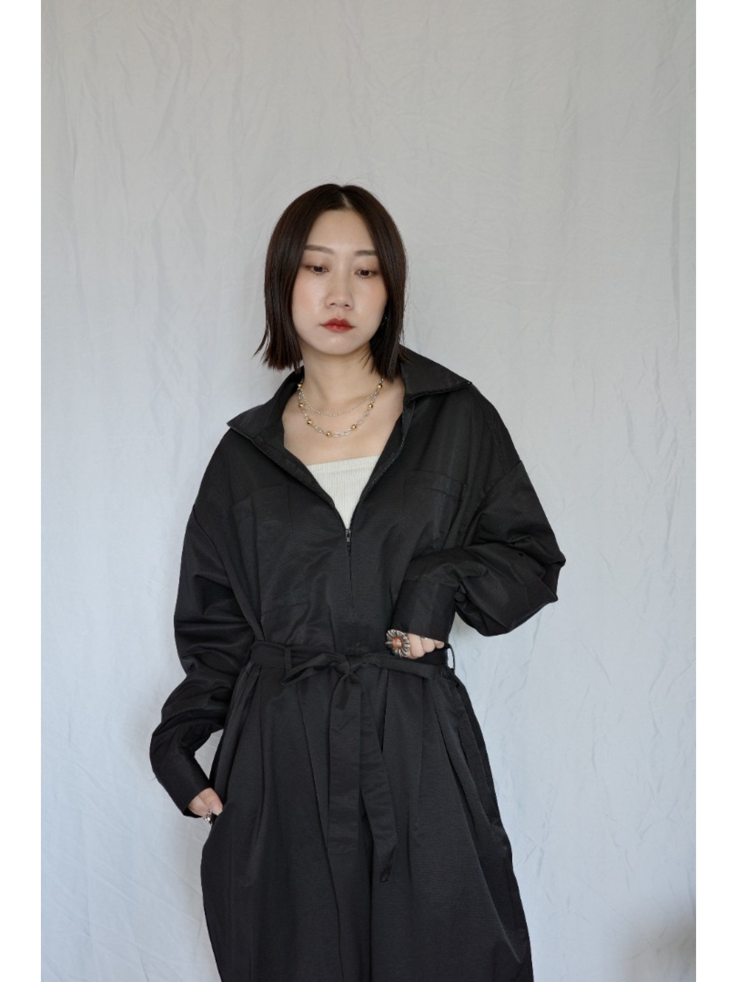 JP｜率性工裝感連身褲/黑