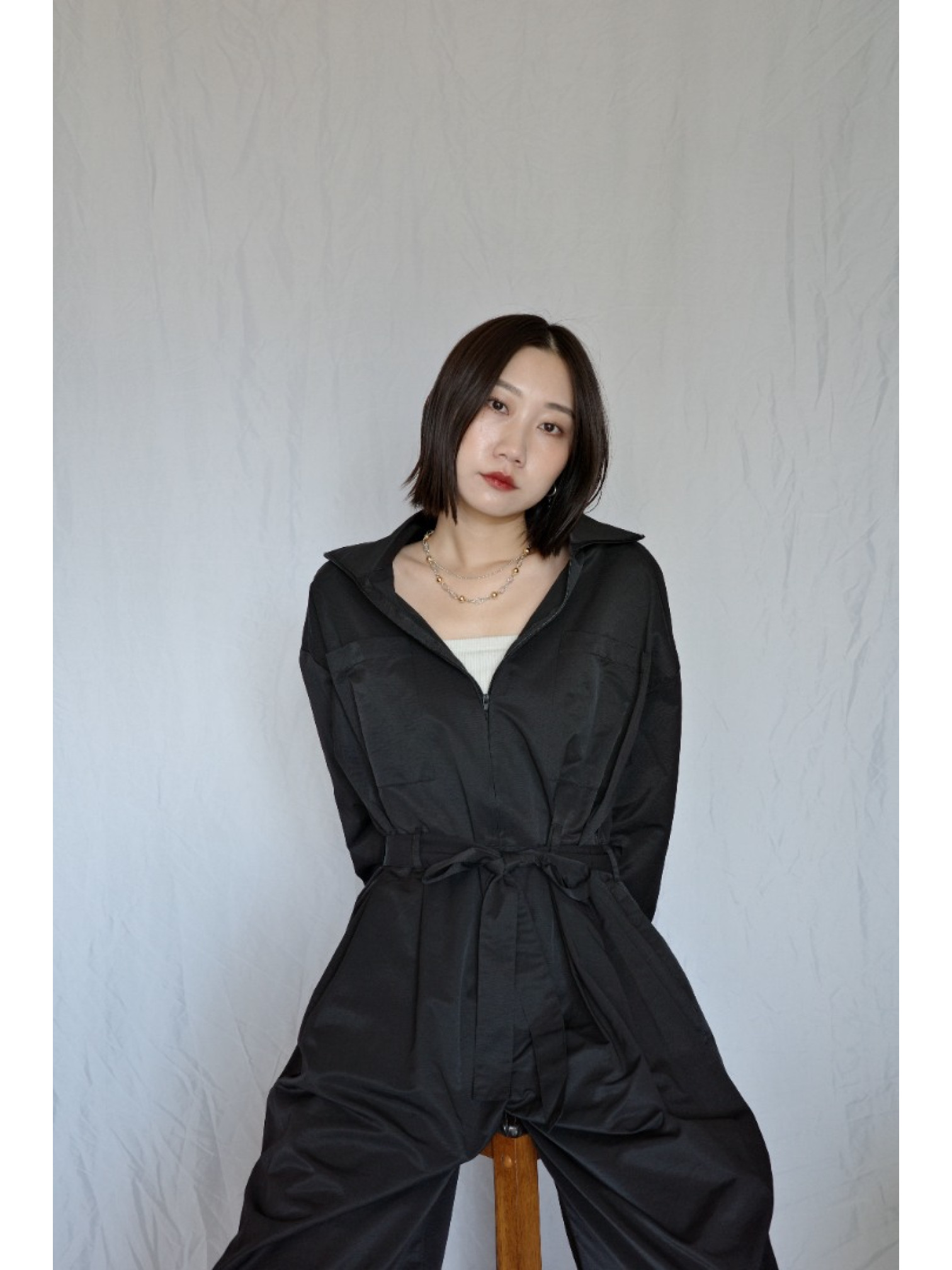 JP｜率性工裝感連身褲/黑