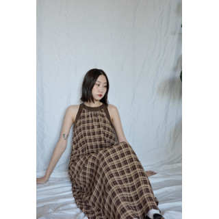 JP｜超Q削肩格紋洋裝/棕M