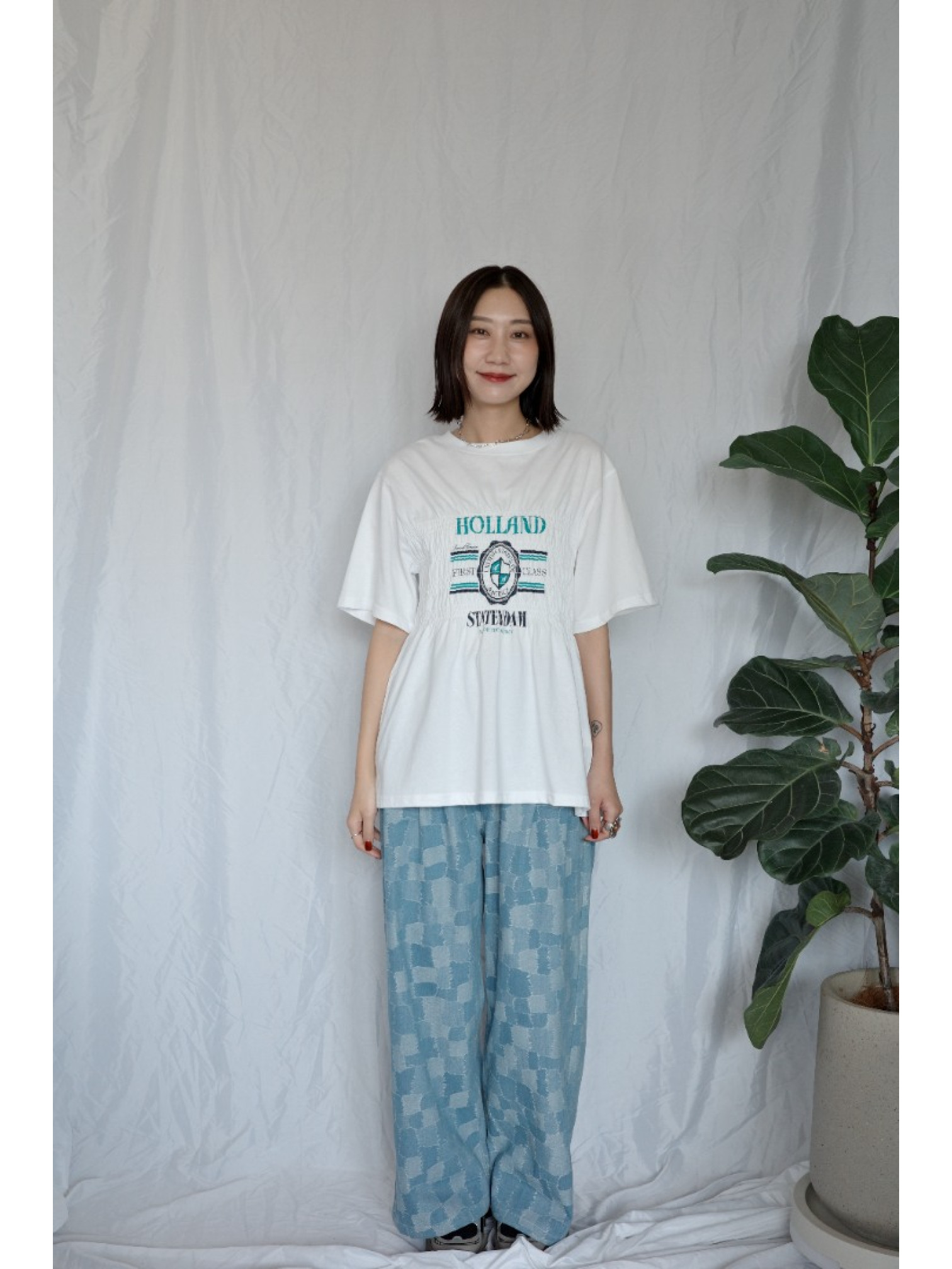 JP｜復古感拼布牛仔寬褲/淺藍