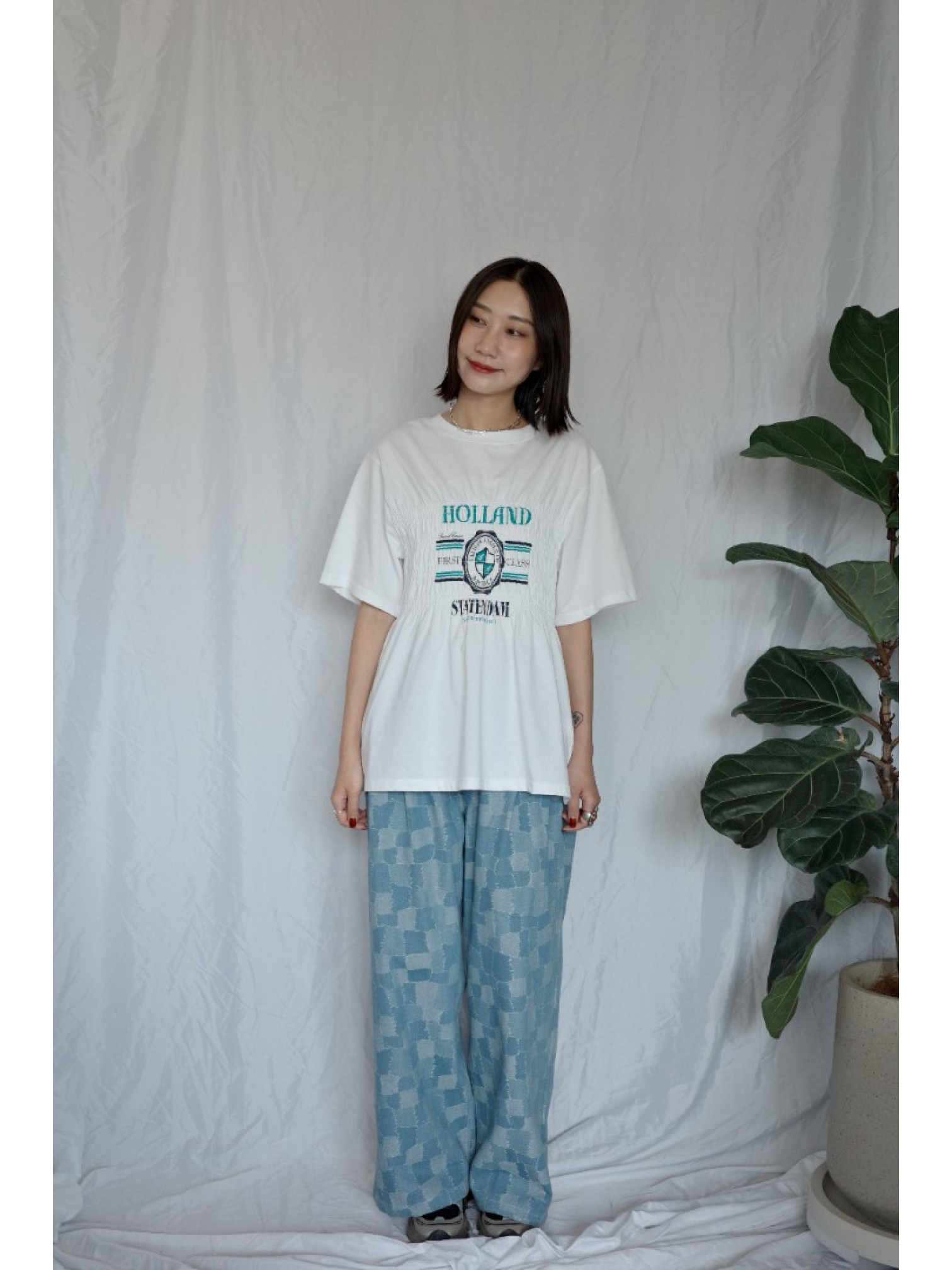 JP｜復古感拼布牛仔寬褲/淺藍