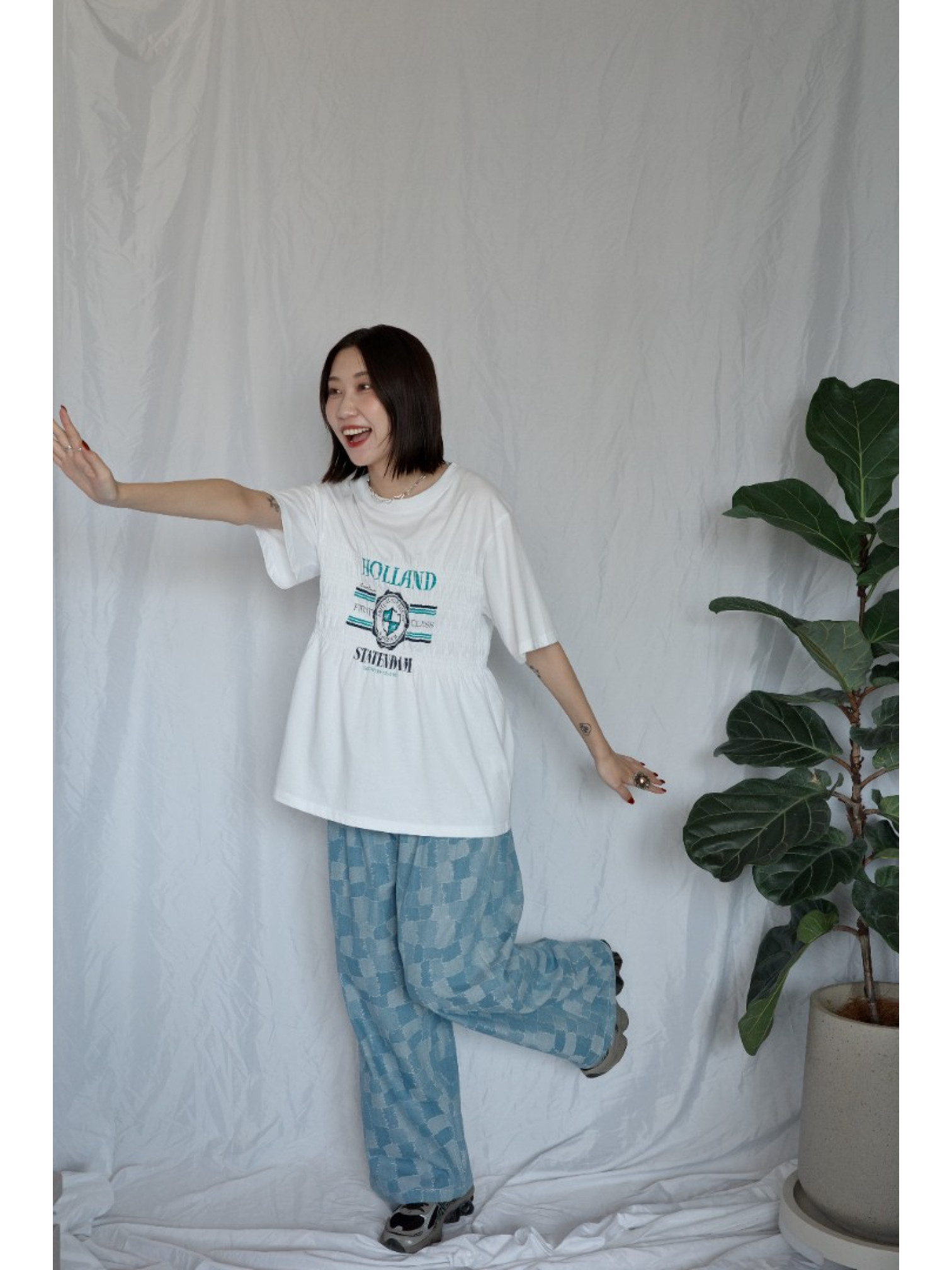 JP｜皺摺感清新印花上衣