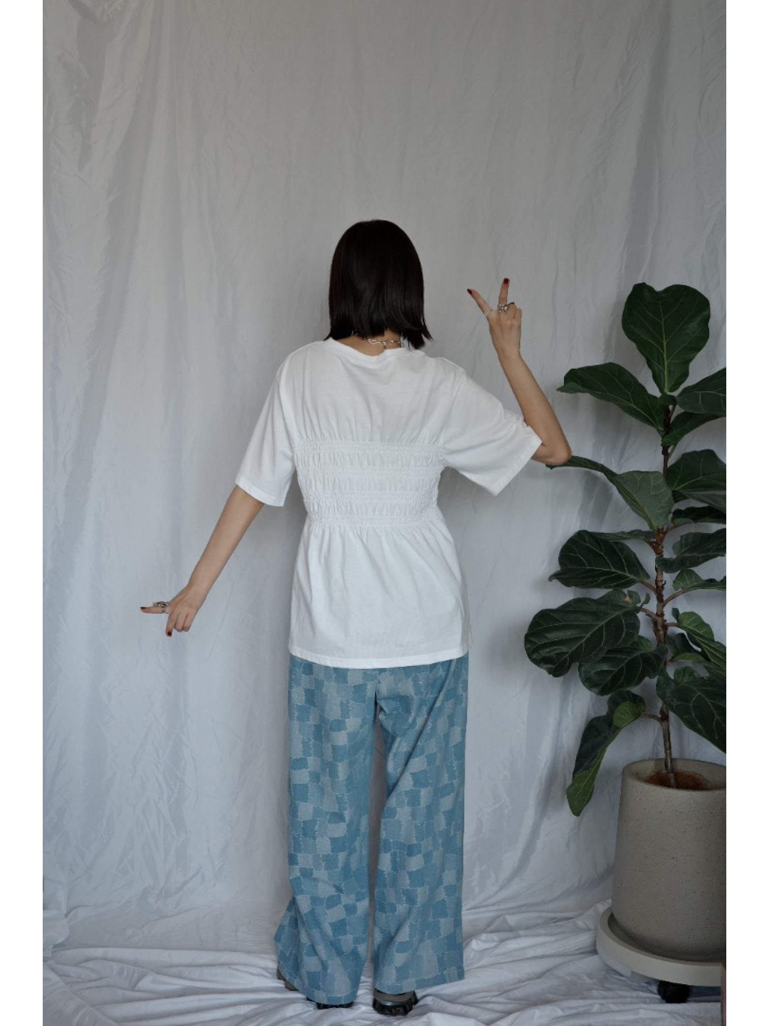 JP｜復古感拼布牛仔寬褲/淺藍