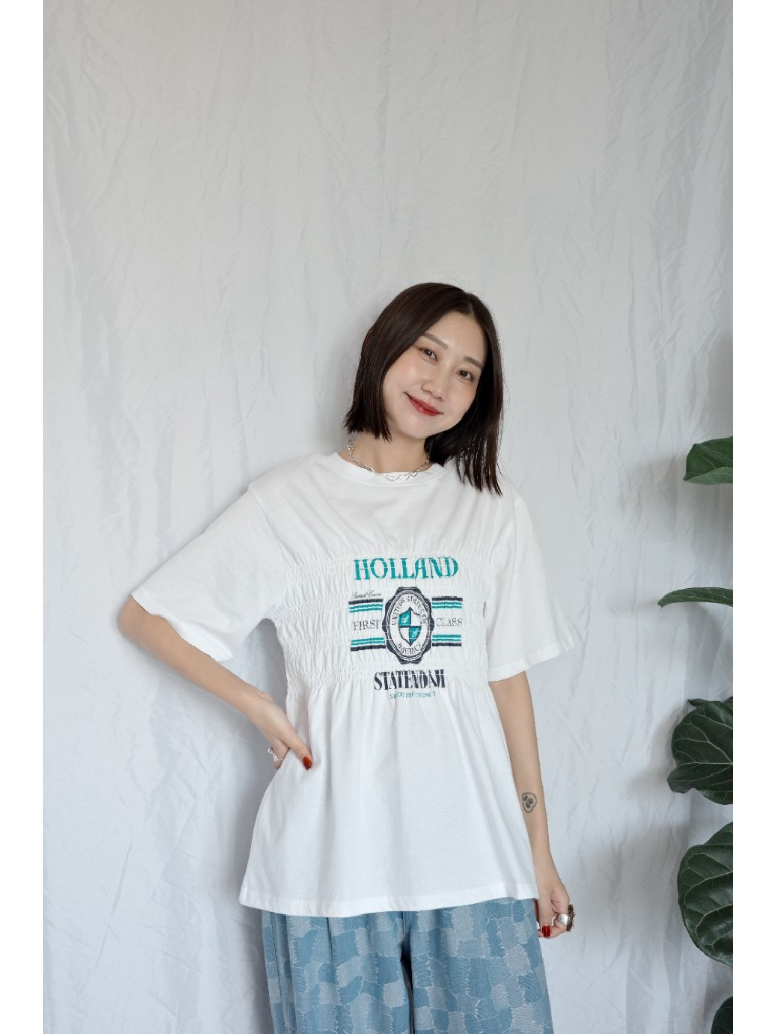 JP｜皺摺感清新印花上衣