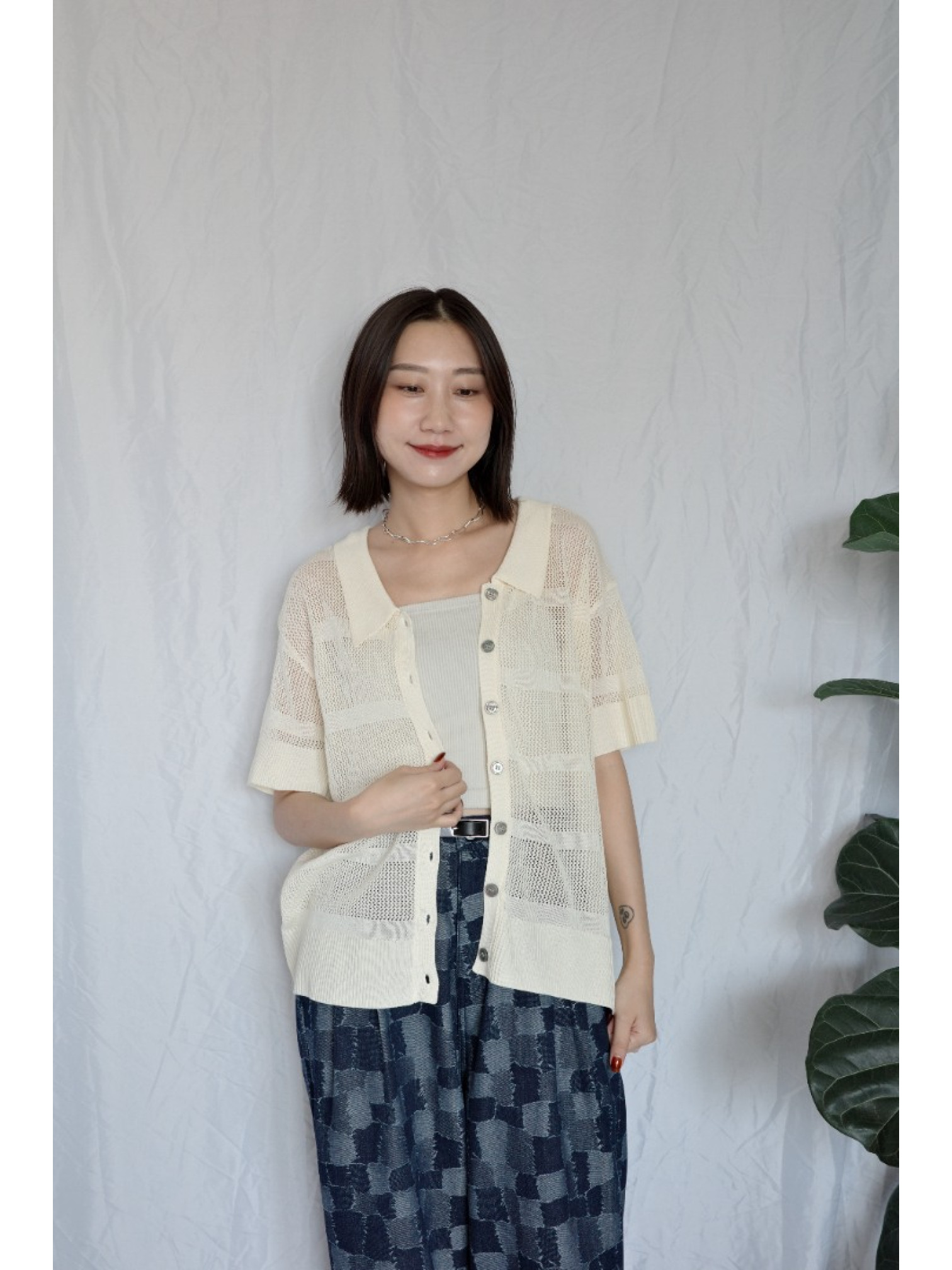 JP｜透感針織POLO衫/米白