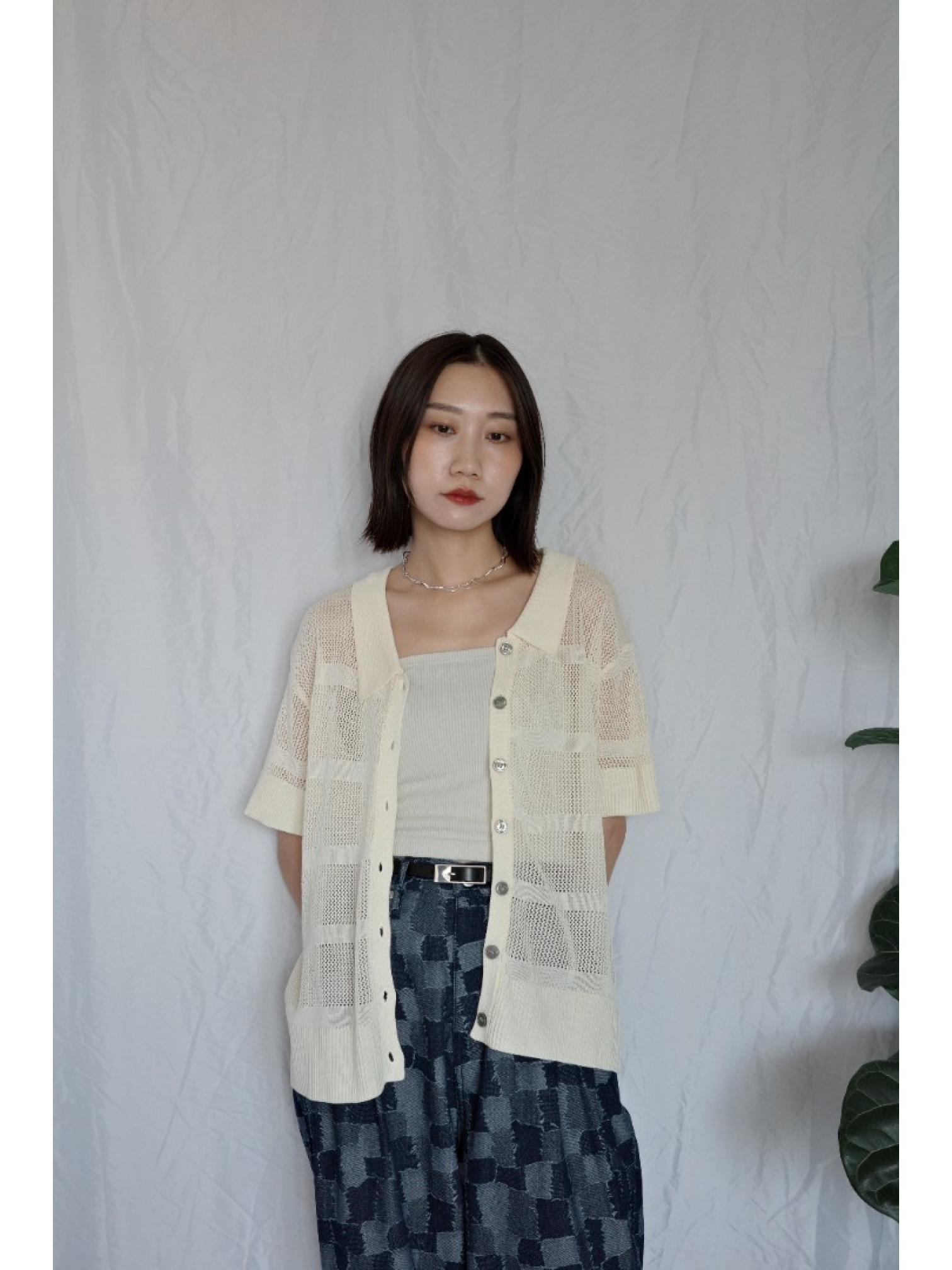 JP｜透感針織POLO衫/米白