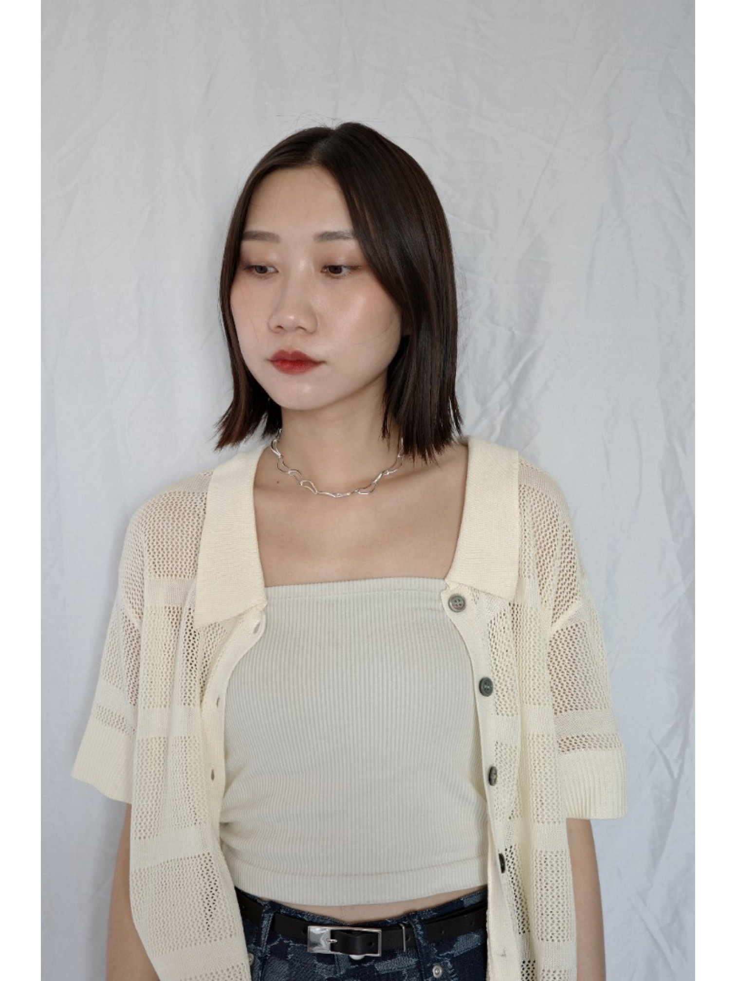 JP｜透感針織POLO衫/米白