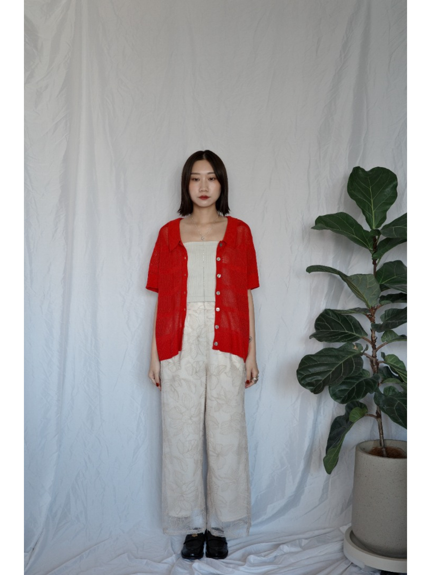 JP｜透感針織POLO衫/紅