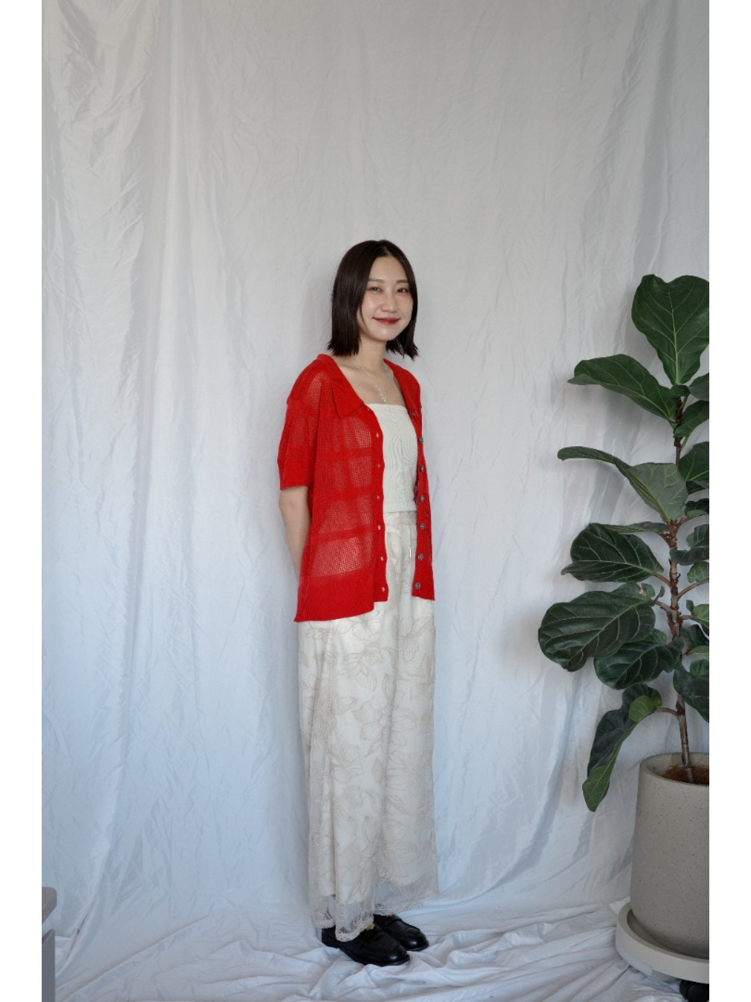 JP｜透感針織POLO衫/紅