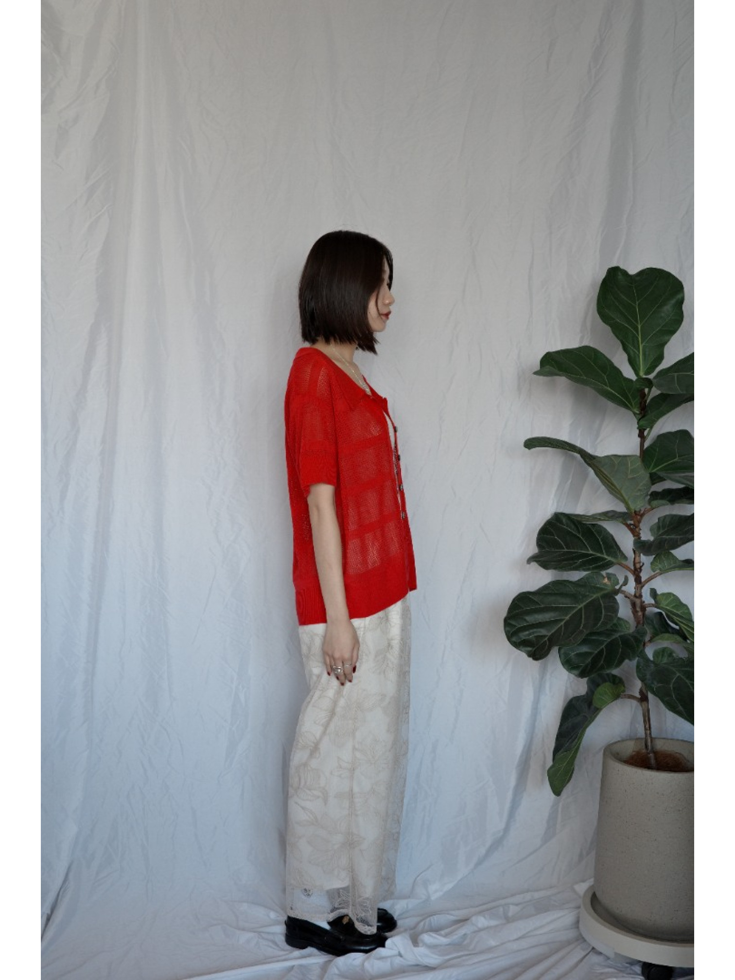 JP｜薄紗花卉刺繡直筒褲/米