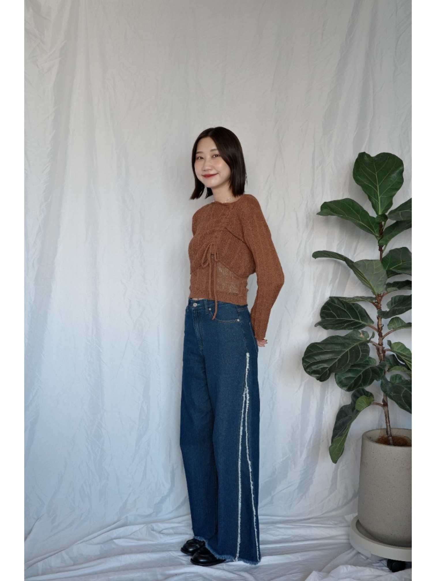 JP｜綁帶層次簍空上衣+背心兩件組/咖