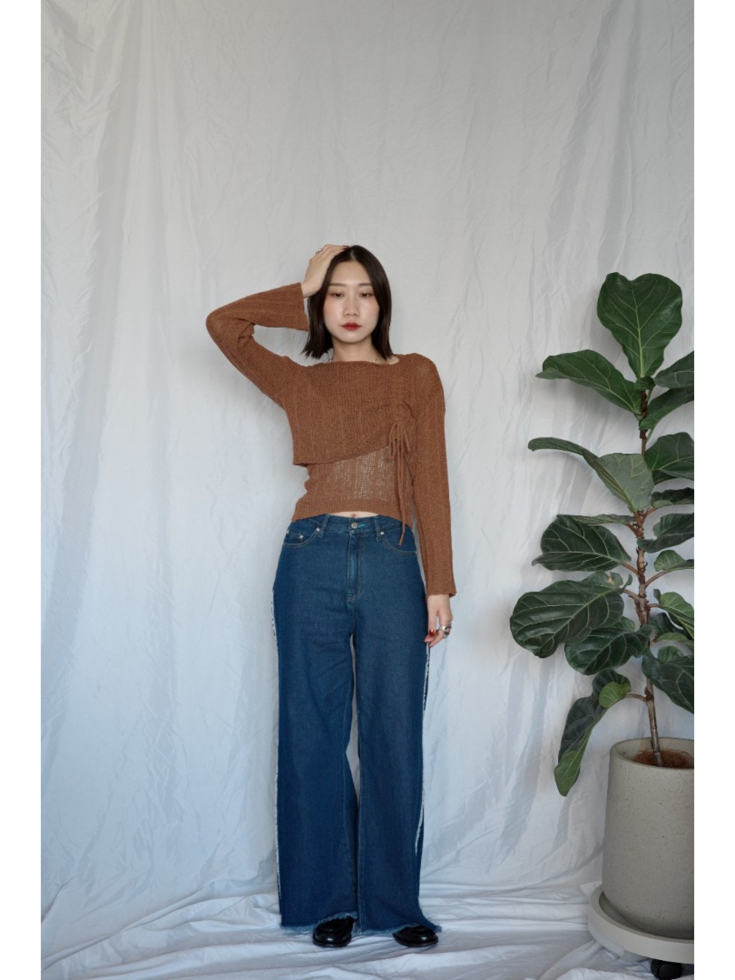 JP｜綁帶層次簍空上衣+背心兩件組/咖