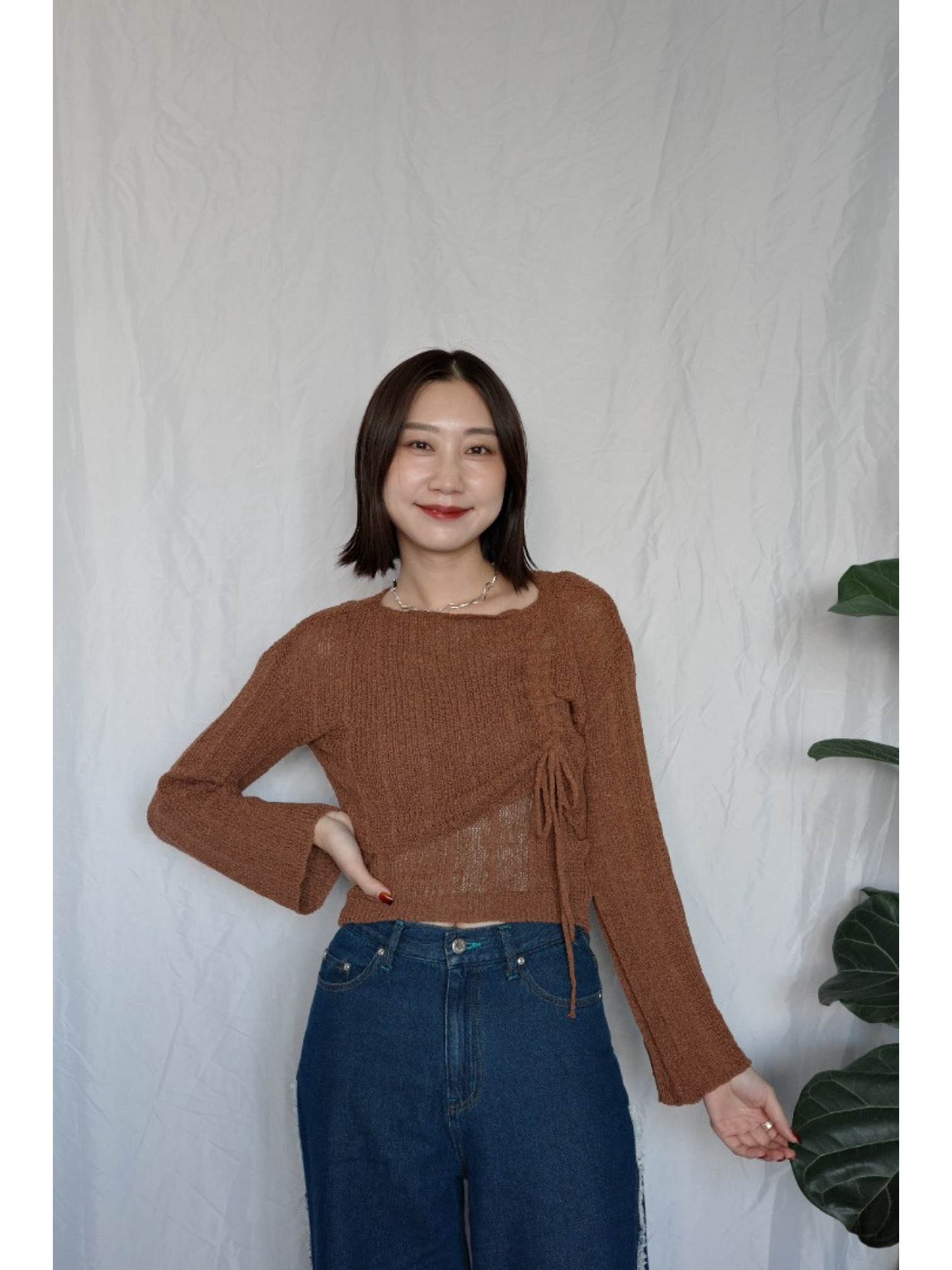 JP｜綁帶層次簍空上衣+背心兩件組/咖