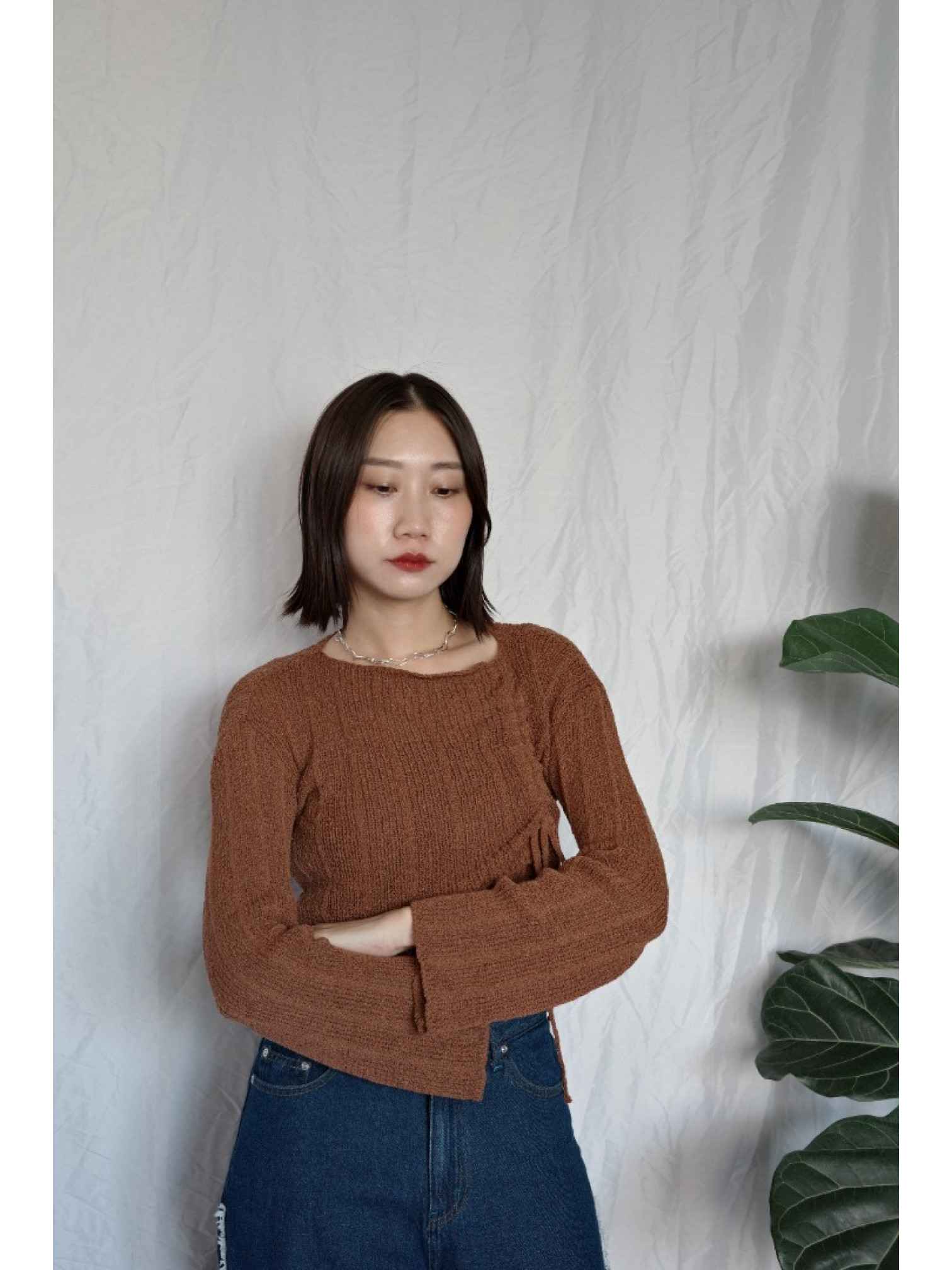 JP｜綁帶層次簍空上衣+背心兩件組/咖