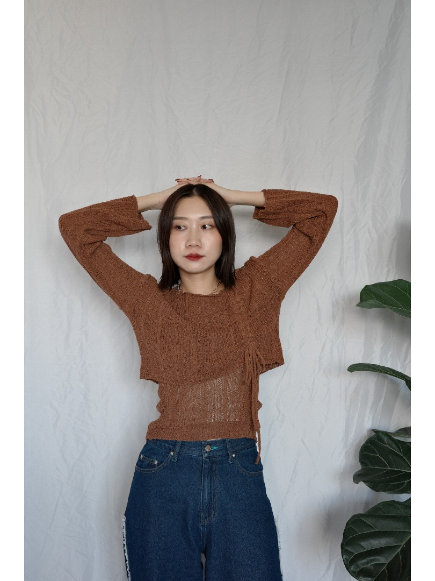 JP｜綁帶層次簍空上衣+背心兩件組/咖