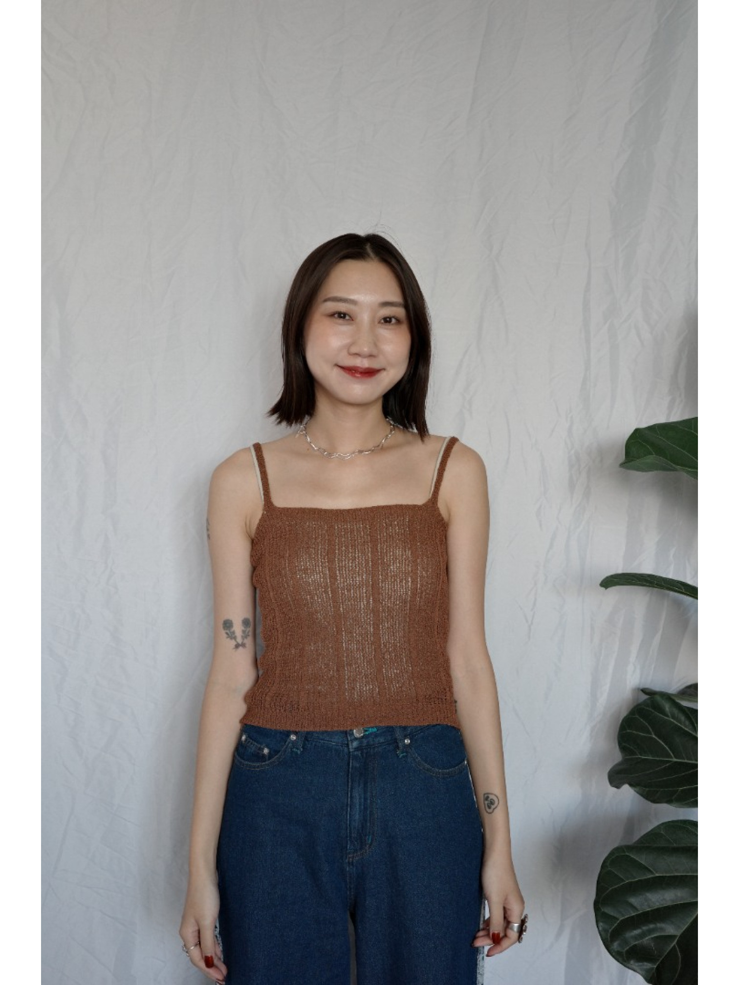 JP｜綁帶層次簍空上衣+背心兩件組/咖