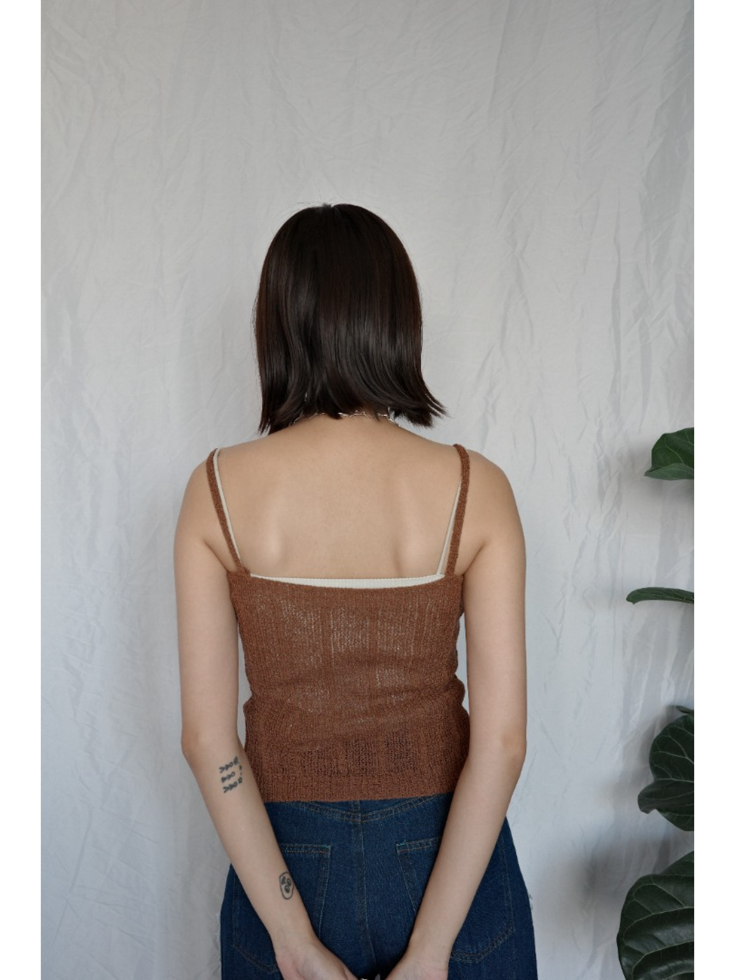 JP｜綁帶層次簍空上衣+背心兩件組/咖