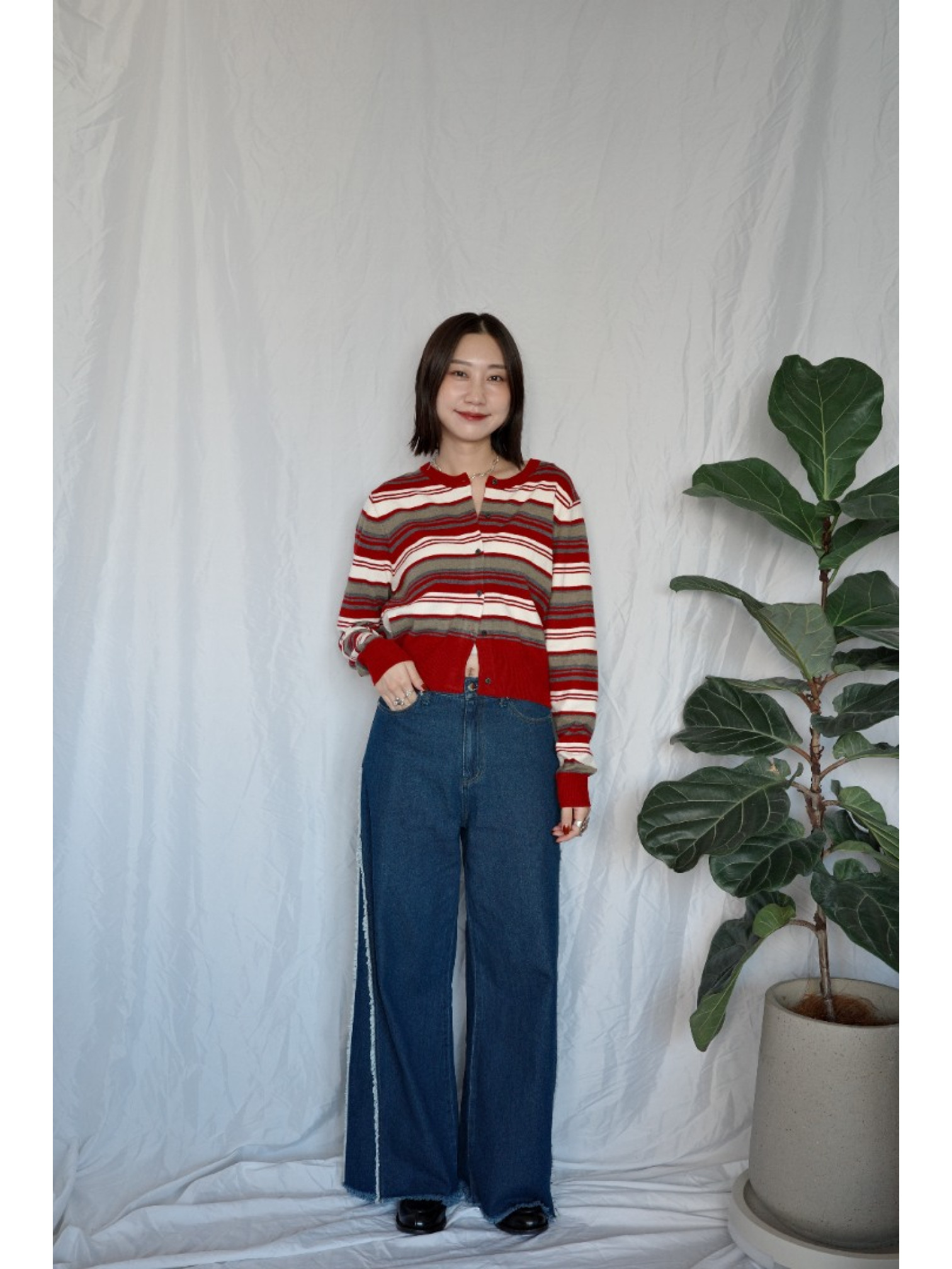 JP｜百搭舒適撞色條紋針織衫/紅