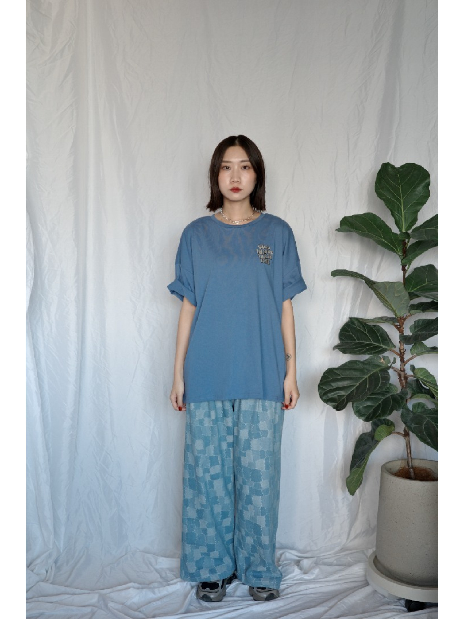 JP｜復古感拼布牛仔寬褲/淺藍