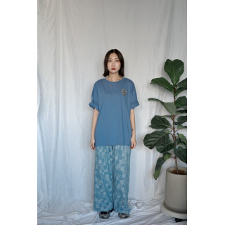 JP｜復古感拼布牛仔寬褲/淺藍