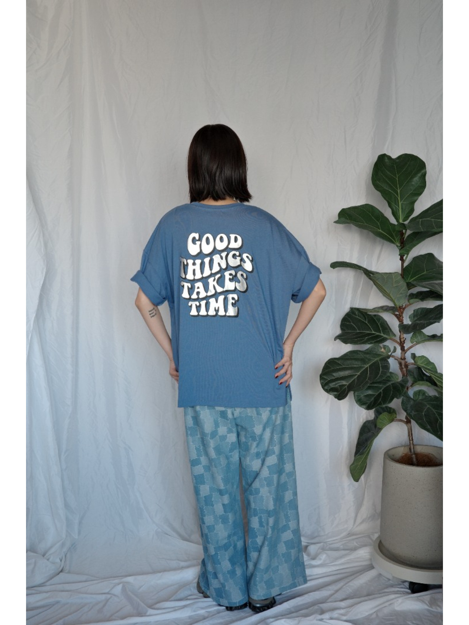 JP｜復古感拼布牛仔寬褲/淺藍