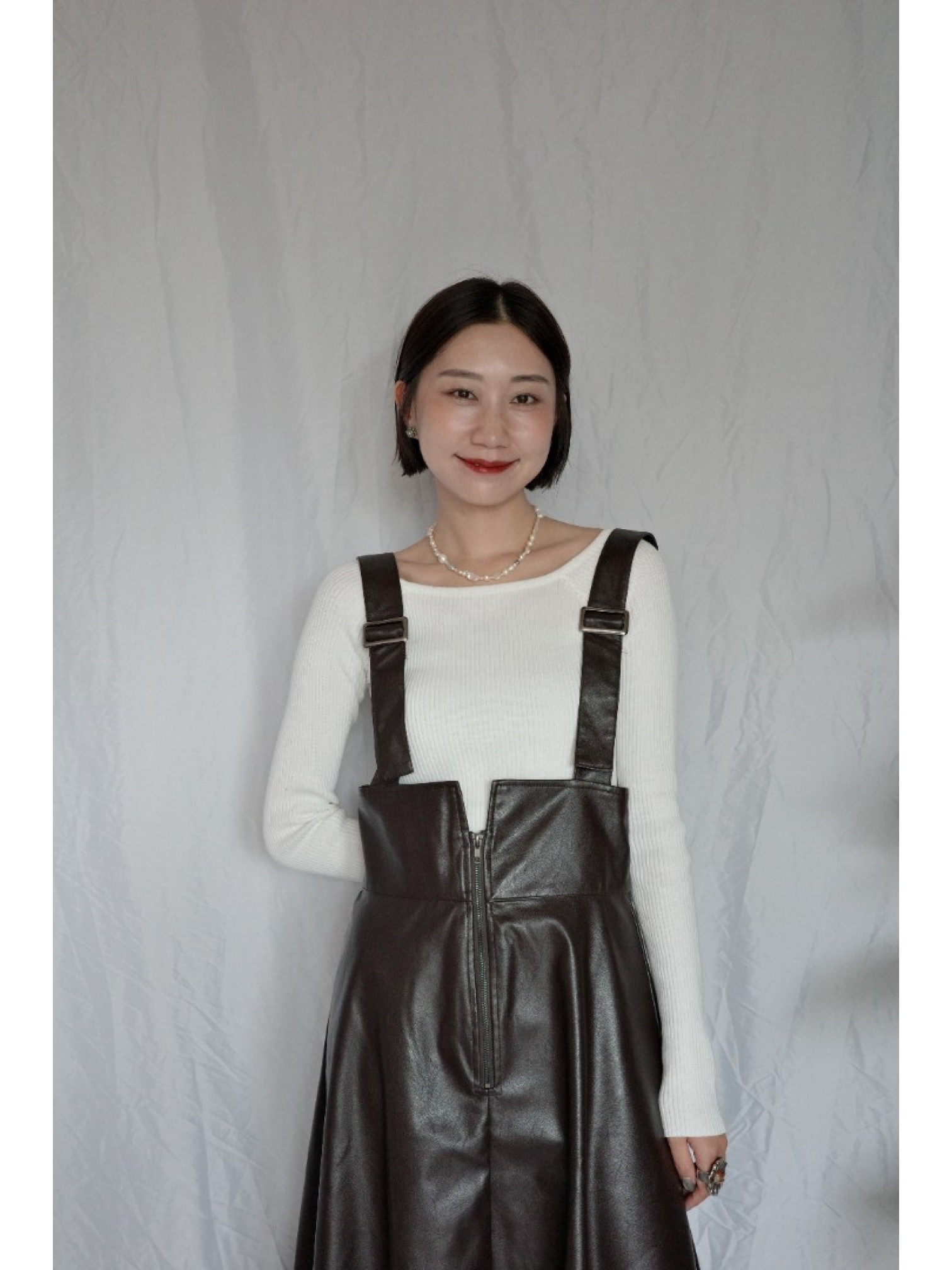 JP｜氣質皮革吊帶長裙/棕