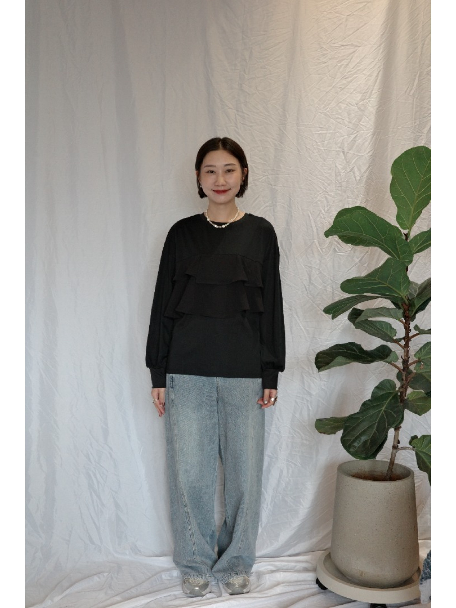 JP｜TWO WAY舒適荷葉邊上衣/黑