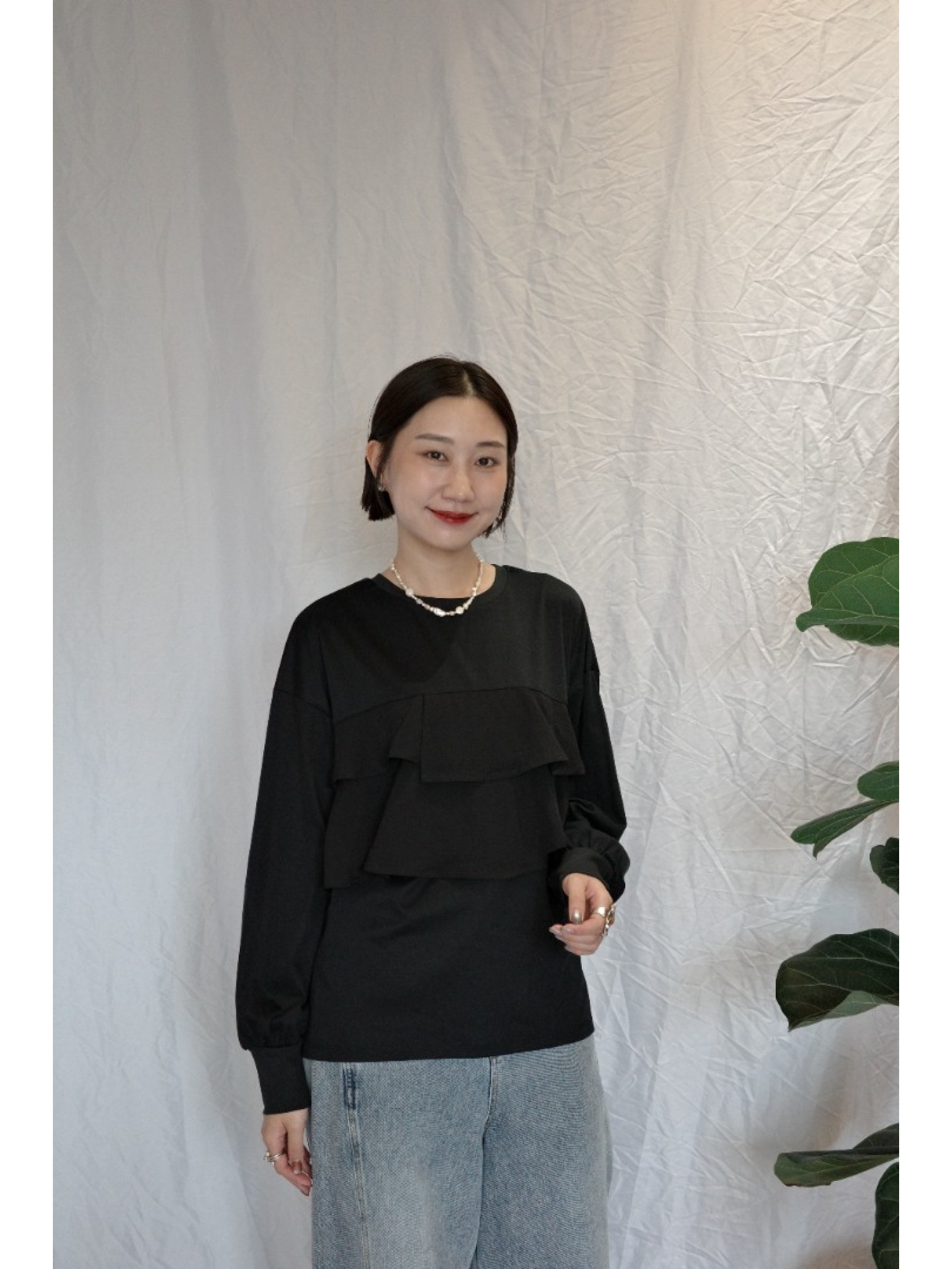 JP｜TWO WAY舒適荷葉邊上衣/黑