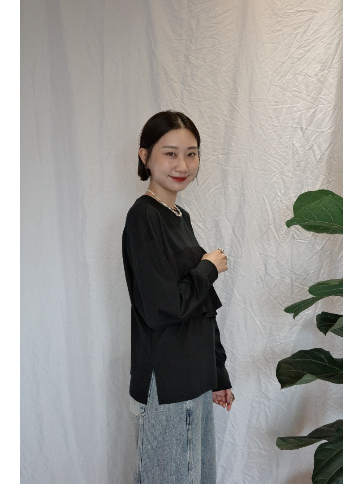 JP｜TWO WAY舒適荷葉邊上衣/黑