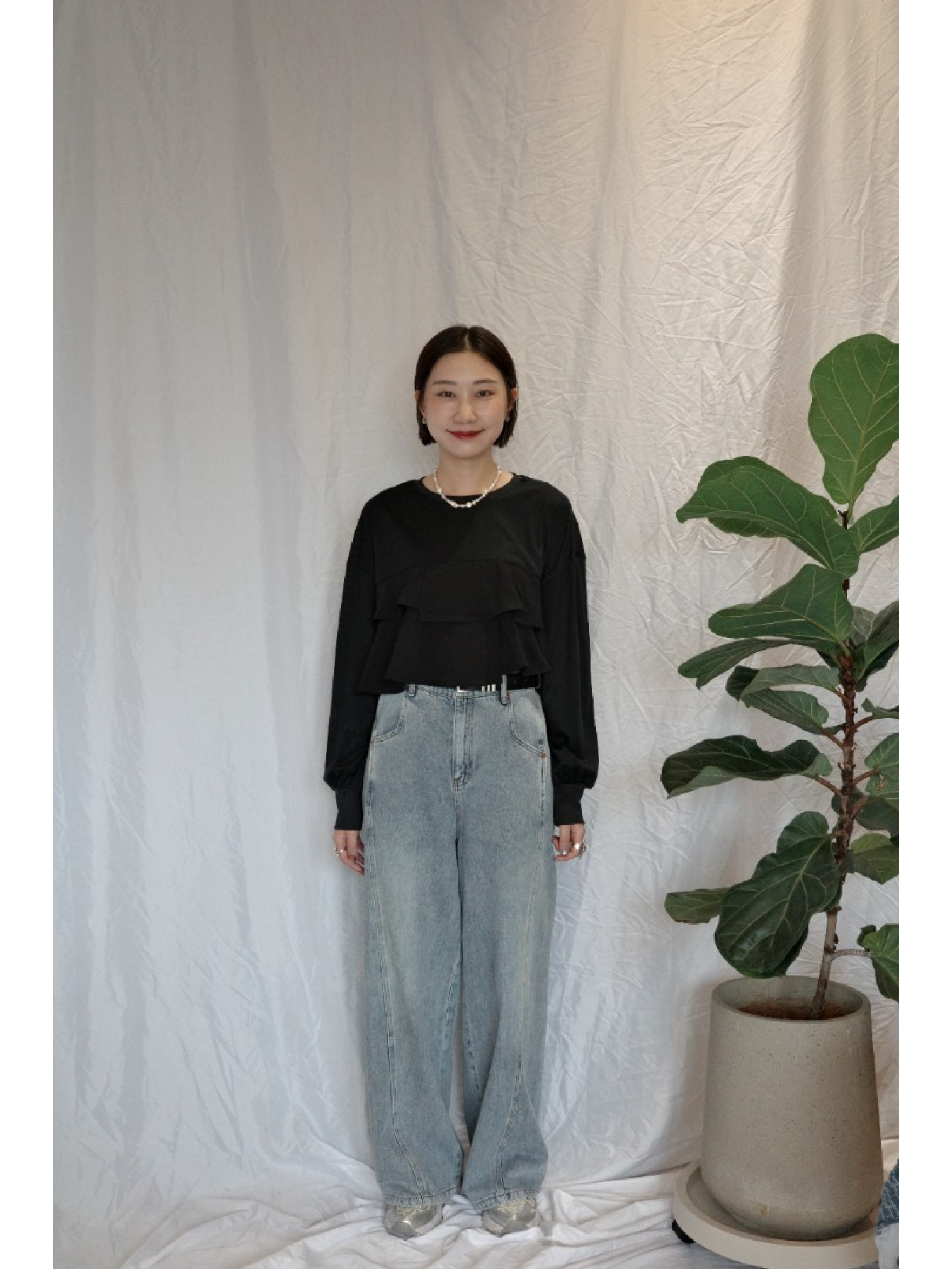 JP｜TWO WAY舒適荷葉邊上衣/黑