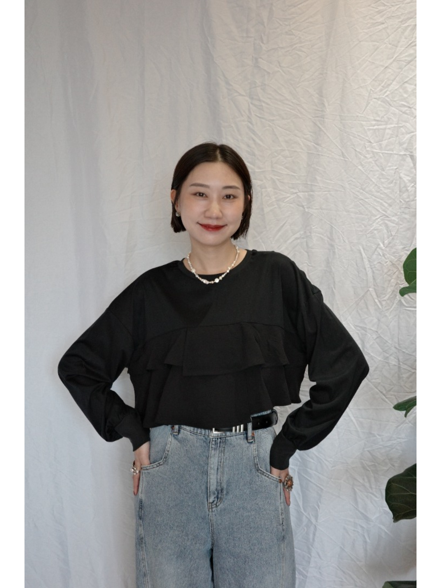 JP｜TWO WAY舒適荷葉邊上衣/黑