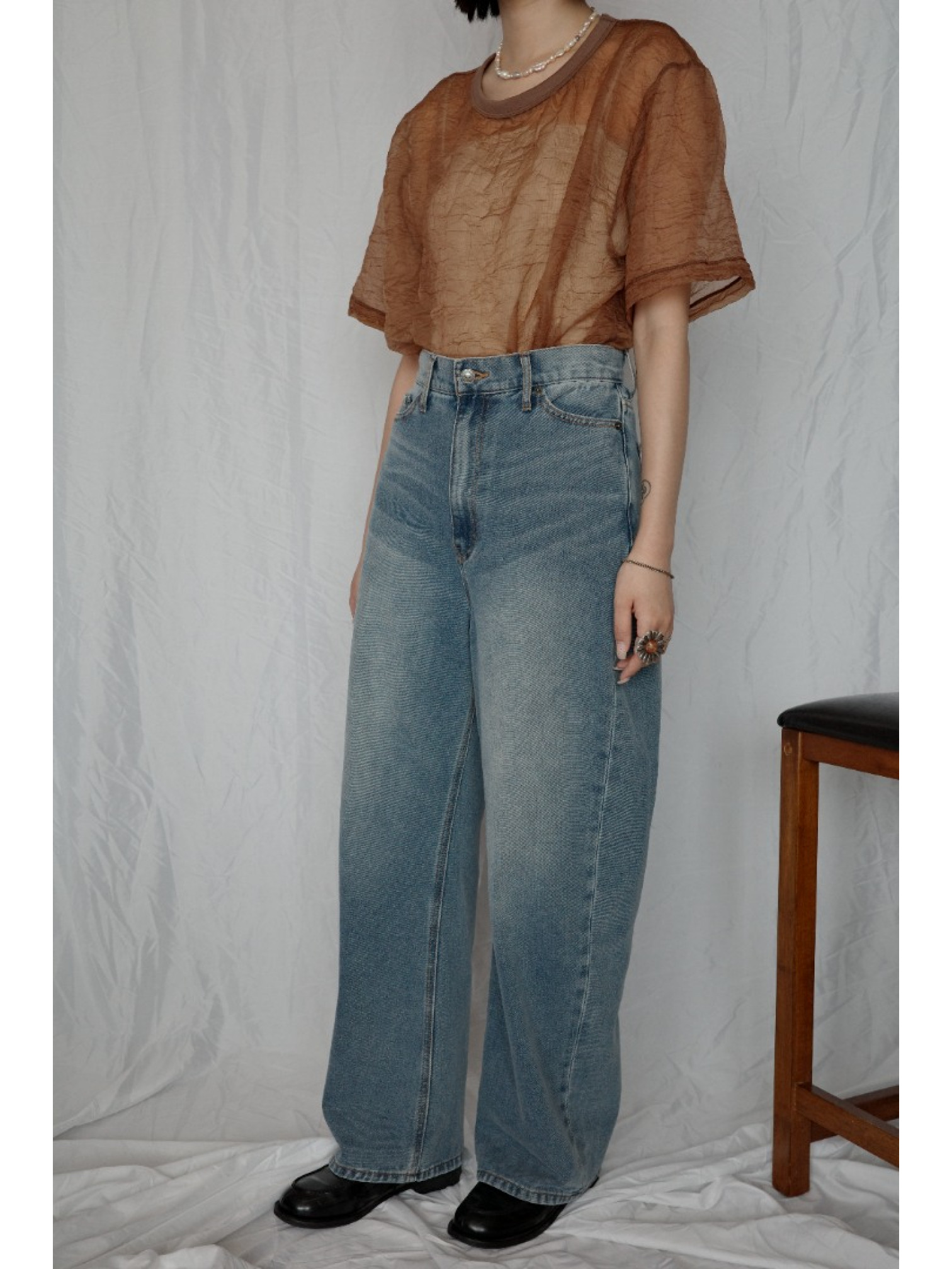 JP｜高腰繭型牛仔褲/藍L