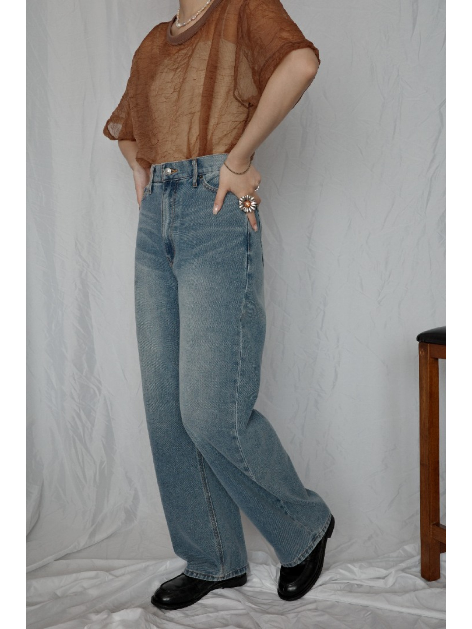 JP｜高腰繭型牛仔褲/藍L