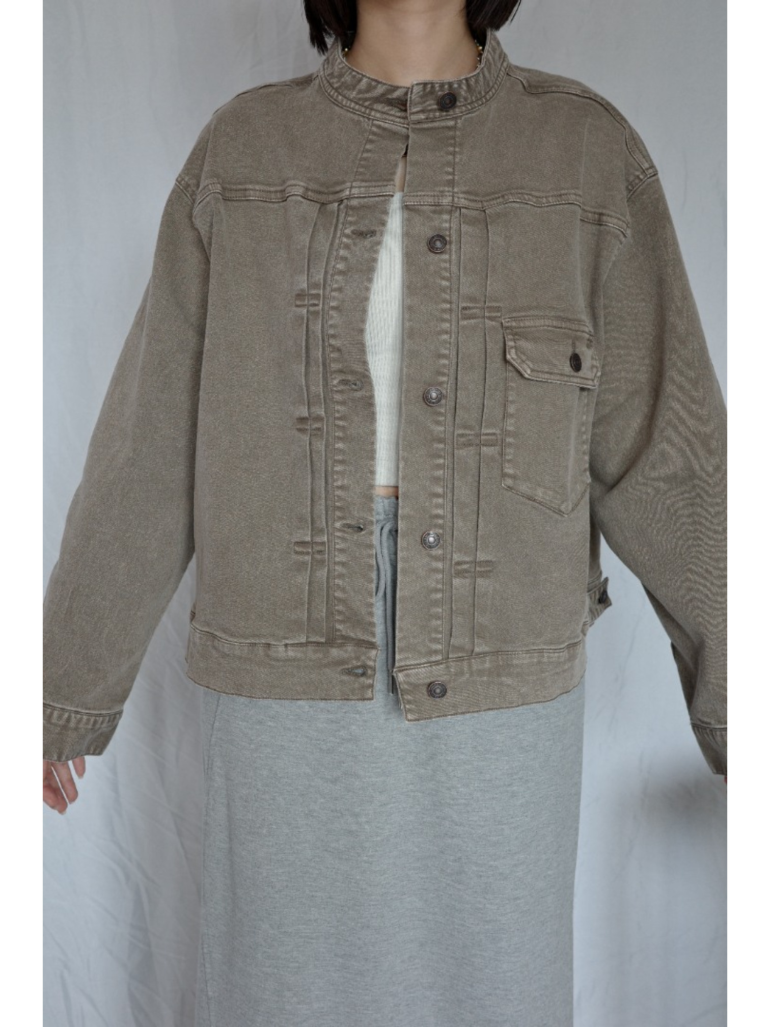 JP｜復古立領牛仔外套/淺棕