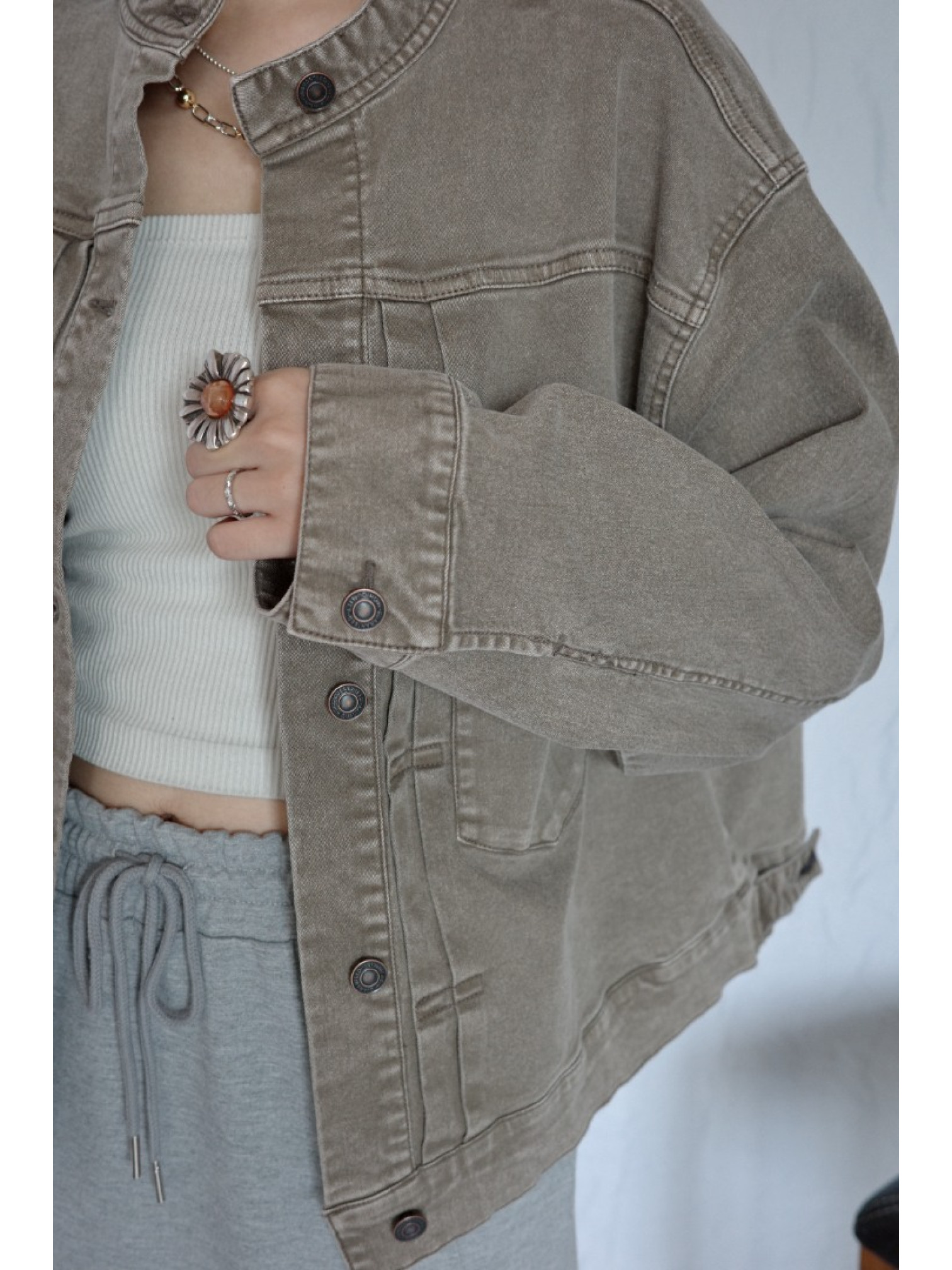 JP｜復古立領牛仔外套/淺棕