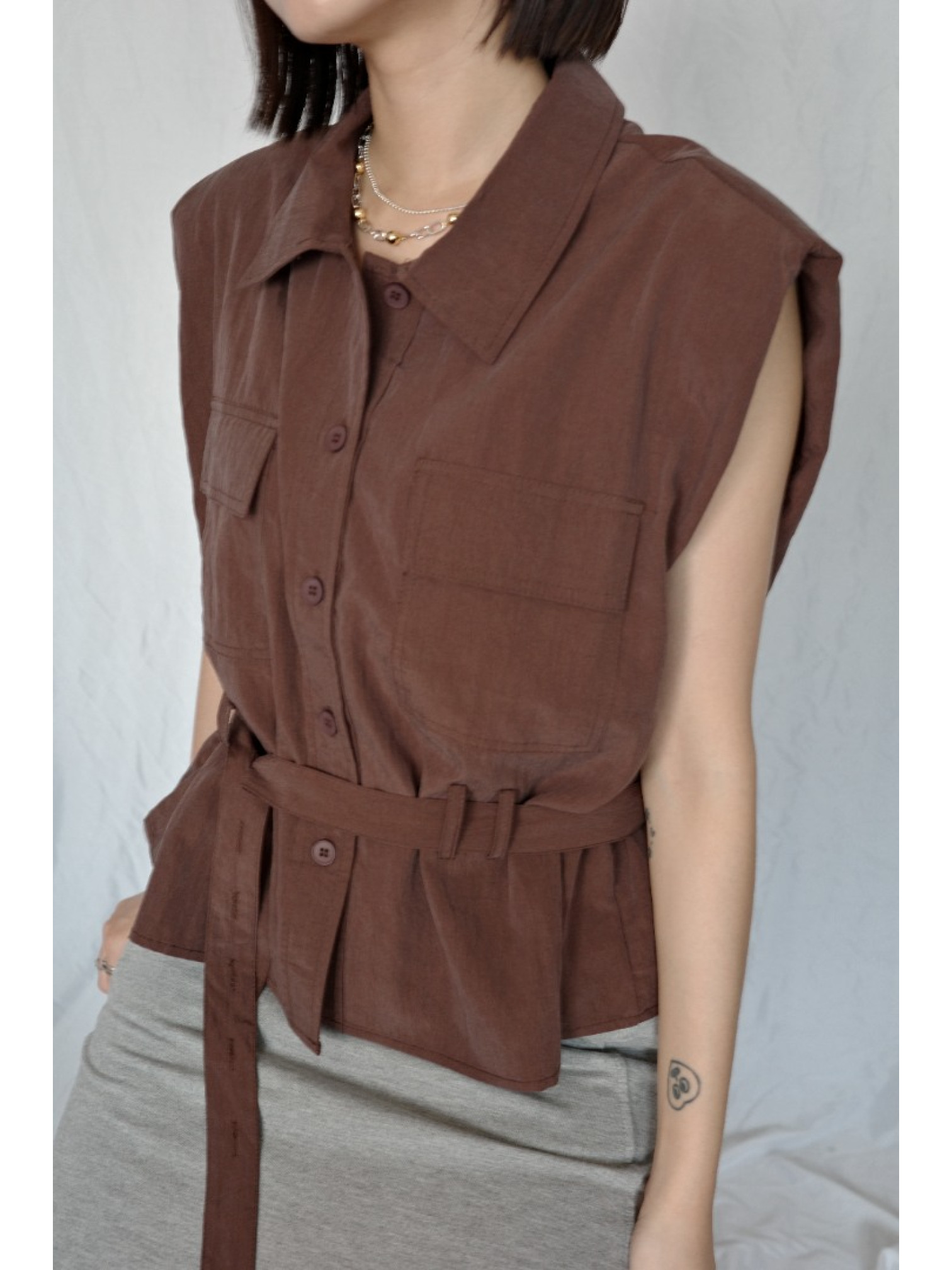 JP｜法式簡約墊肩背心/棕