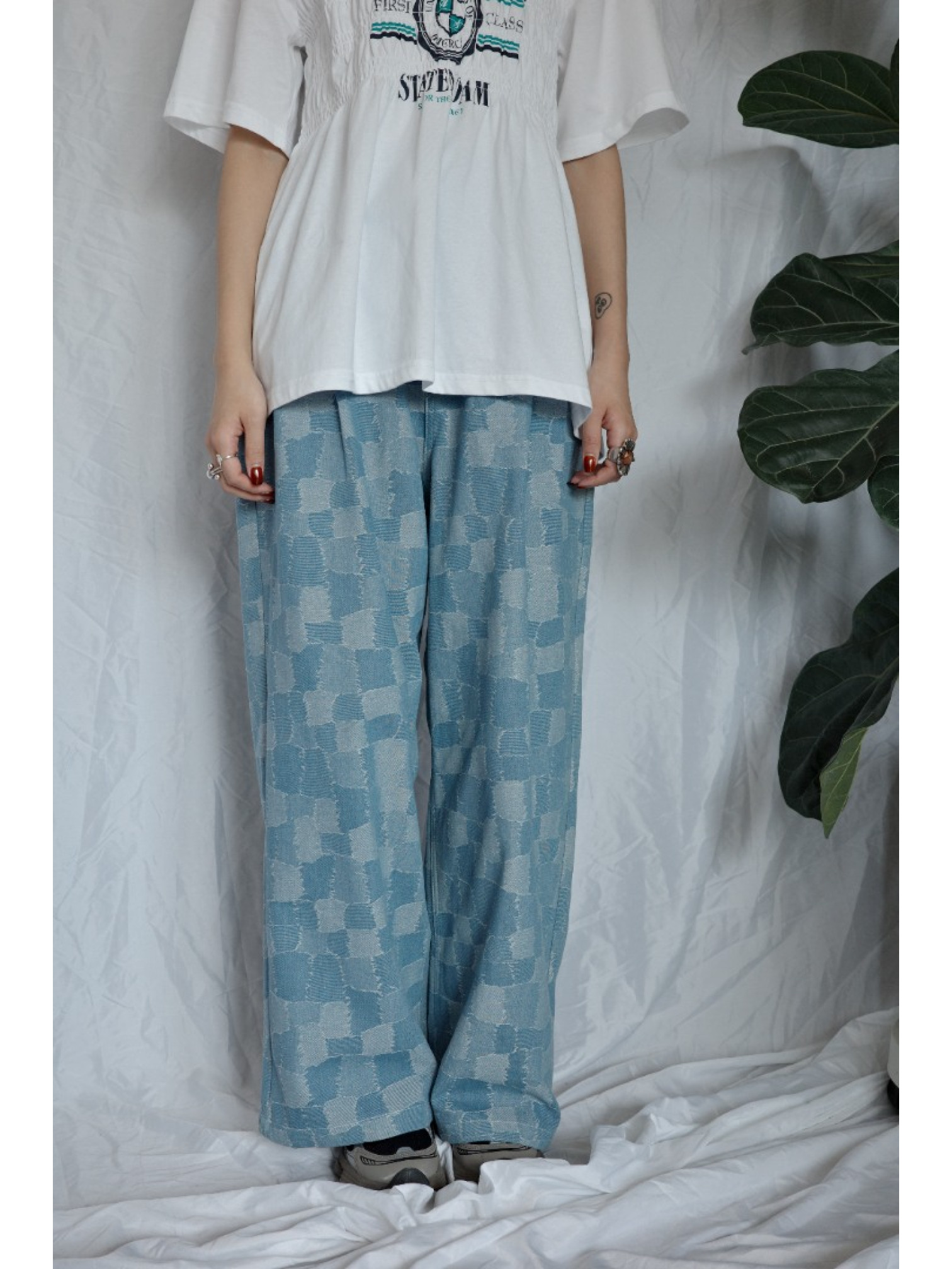 JP｜復古感拼布牛仔寬褲/淺藍