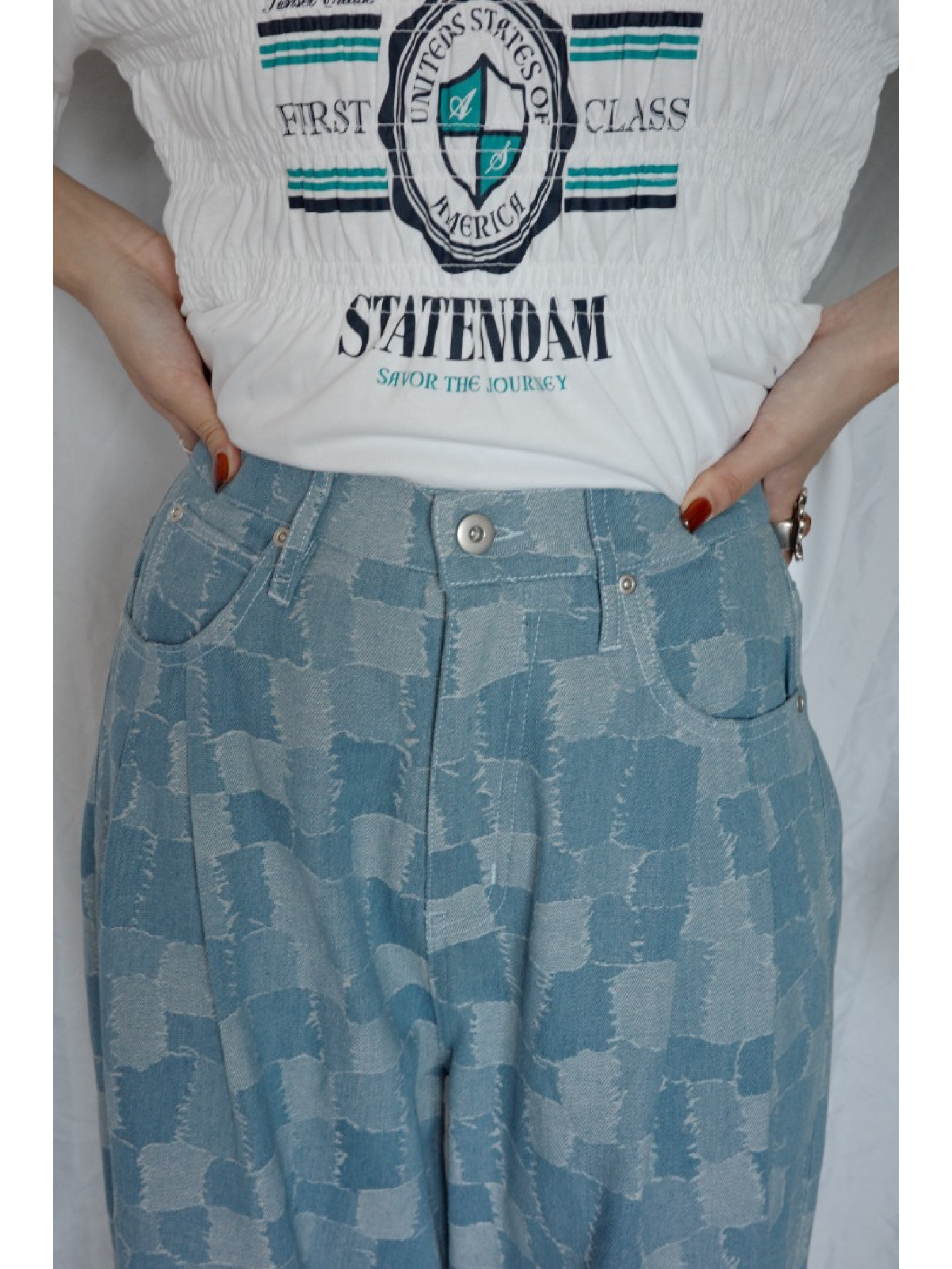 JP｜復古感拼布牛仔寬褲/淺藍